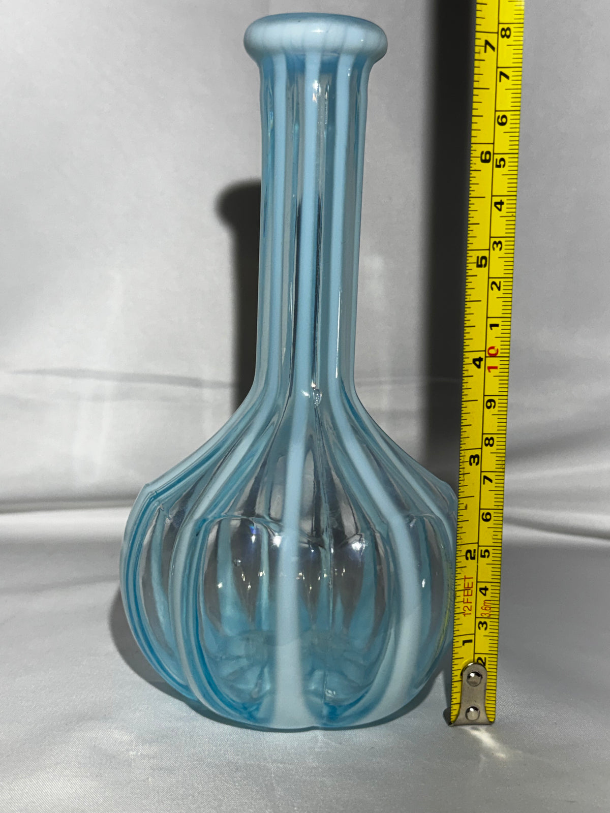 Antique EAPG Blue & White Stripe Barber Bottle Melon Base 7.5”
