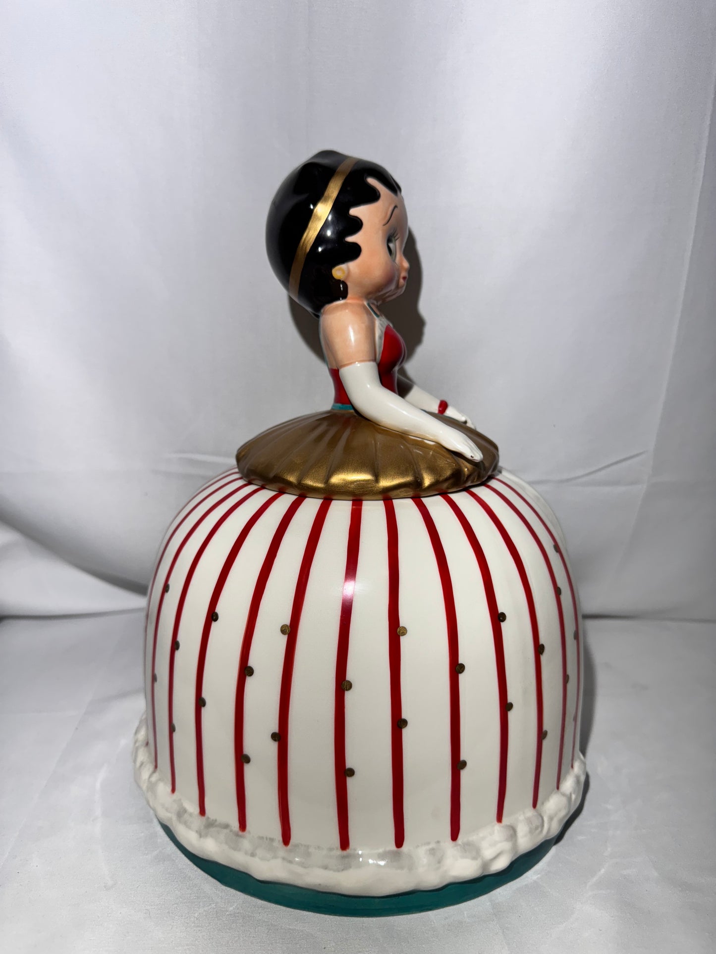 Betty Boop Cookie Jar by Vandor 1999 – Princess Dress Red Stripes Gold Polka Dots – 12” Tall