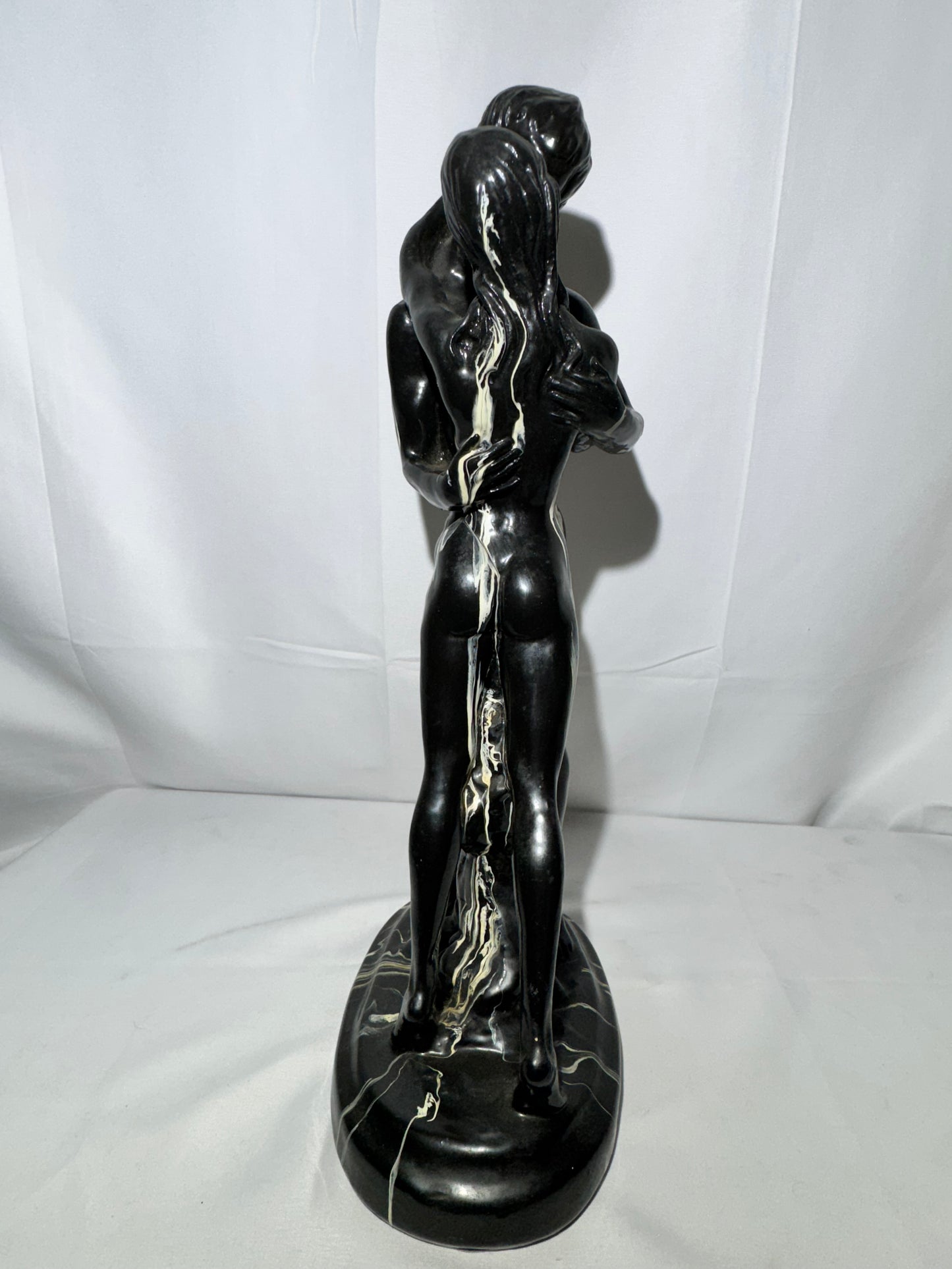 Art Deco Ceramic Sculpture “Lovers Embrace” / “The Kiss” – Black & White – 15.5” Tall