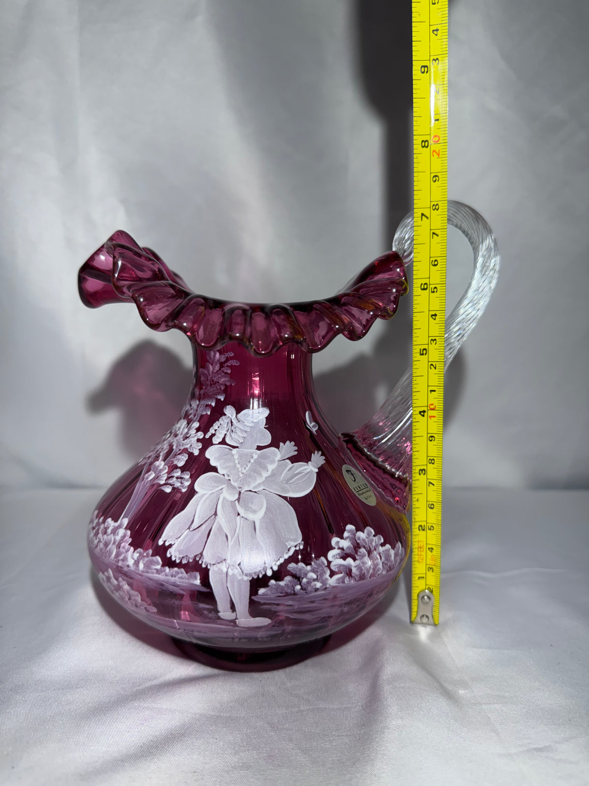 Fenton Cranberry Glass Mary Gregory Style Hand-Painted Pitcher – S. Hart – #1570/2250