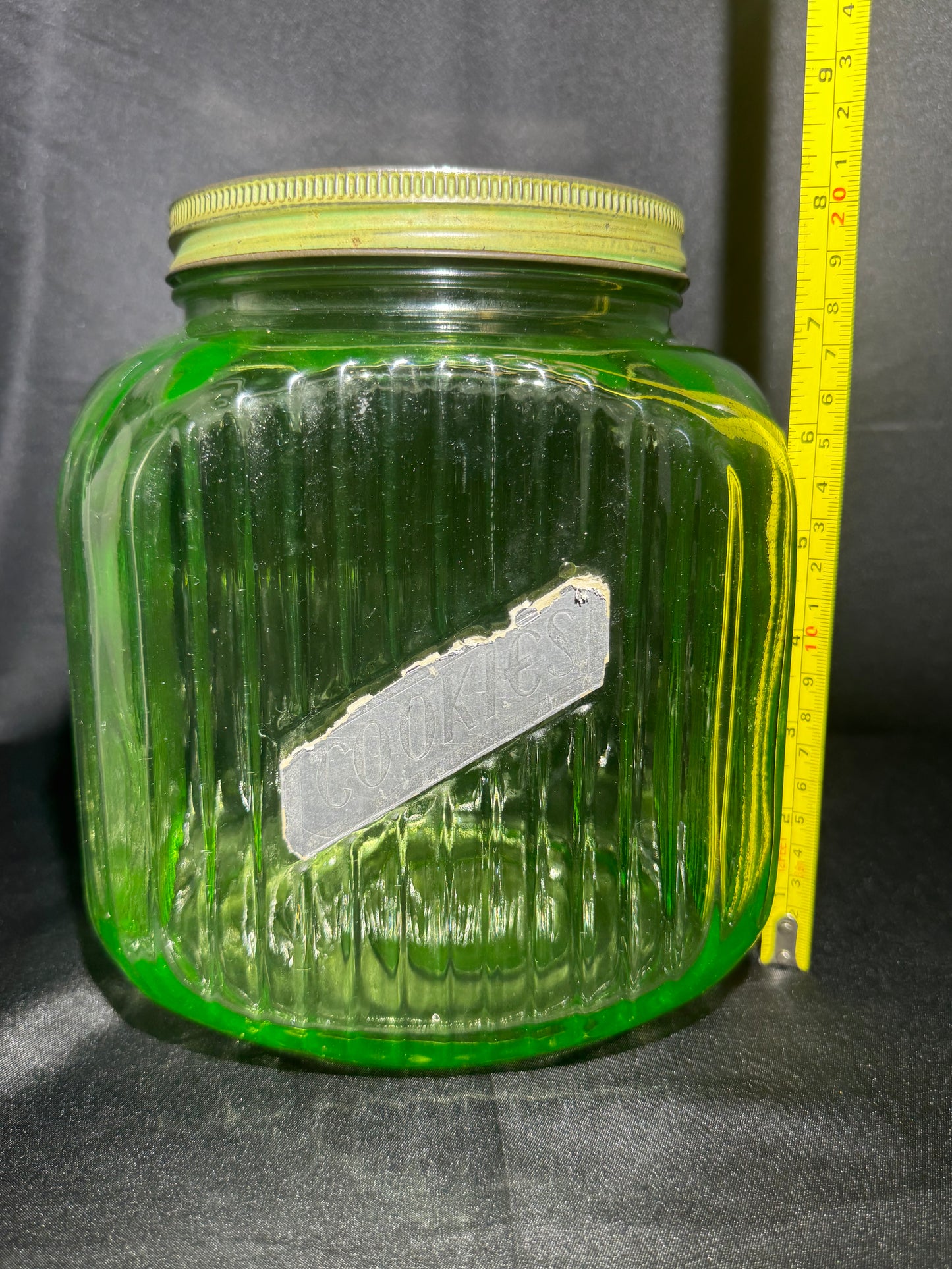 Vintage 1930s Uranium Glass Hoosier Cookie Jar Canister Green Ribbed UV Reactive w/Lid