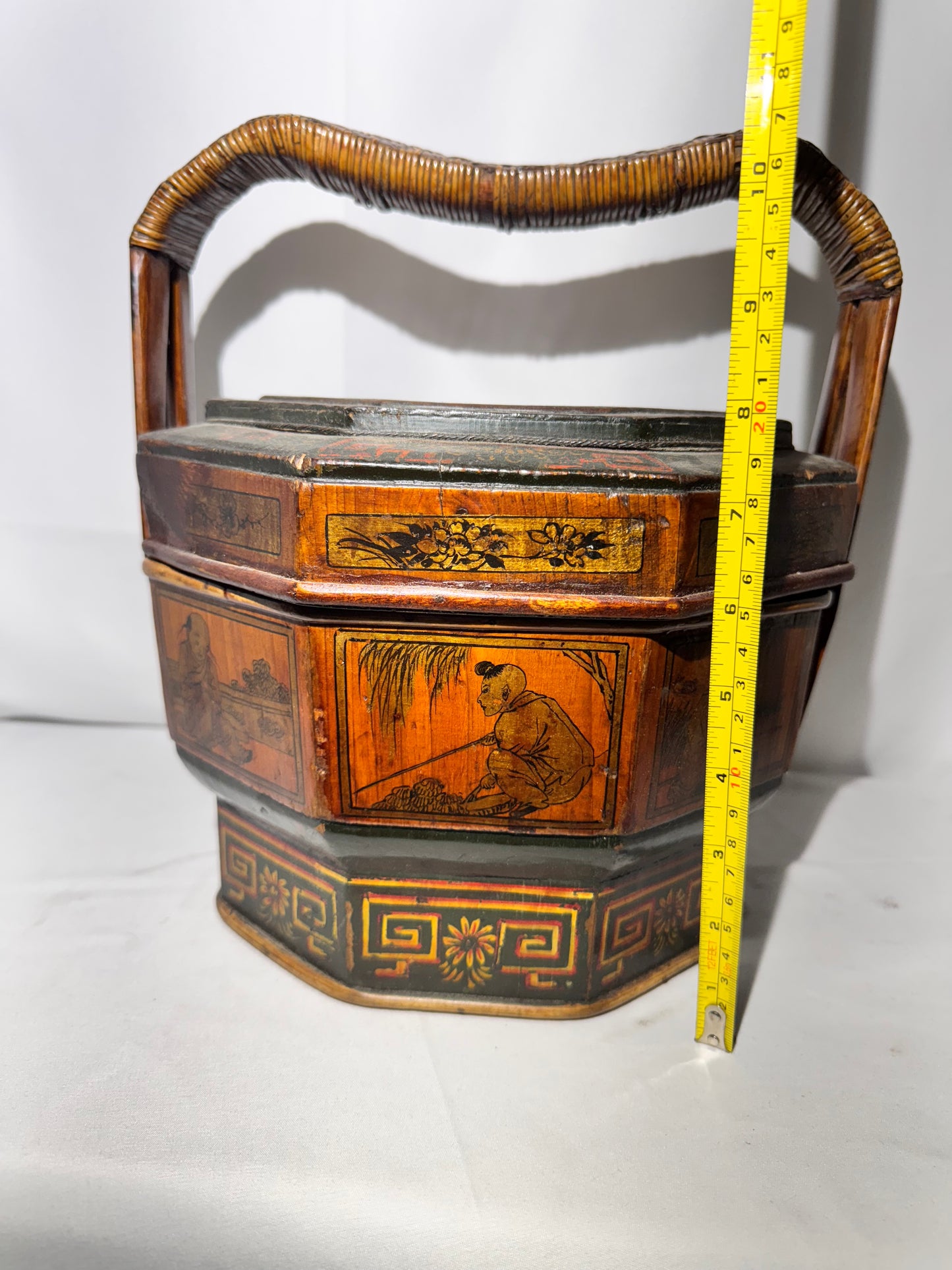 Antique Chinese Wedding / Brothel Basket – Lacquer Wood & Woven Bamboo