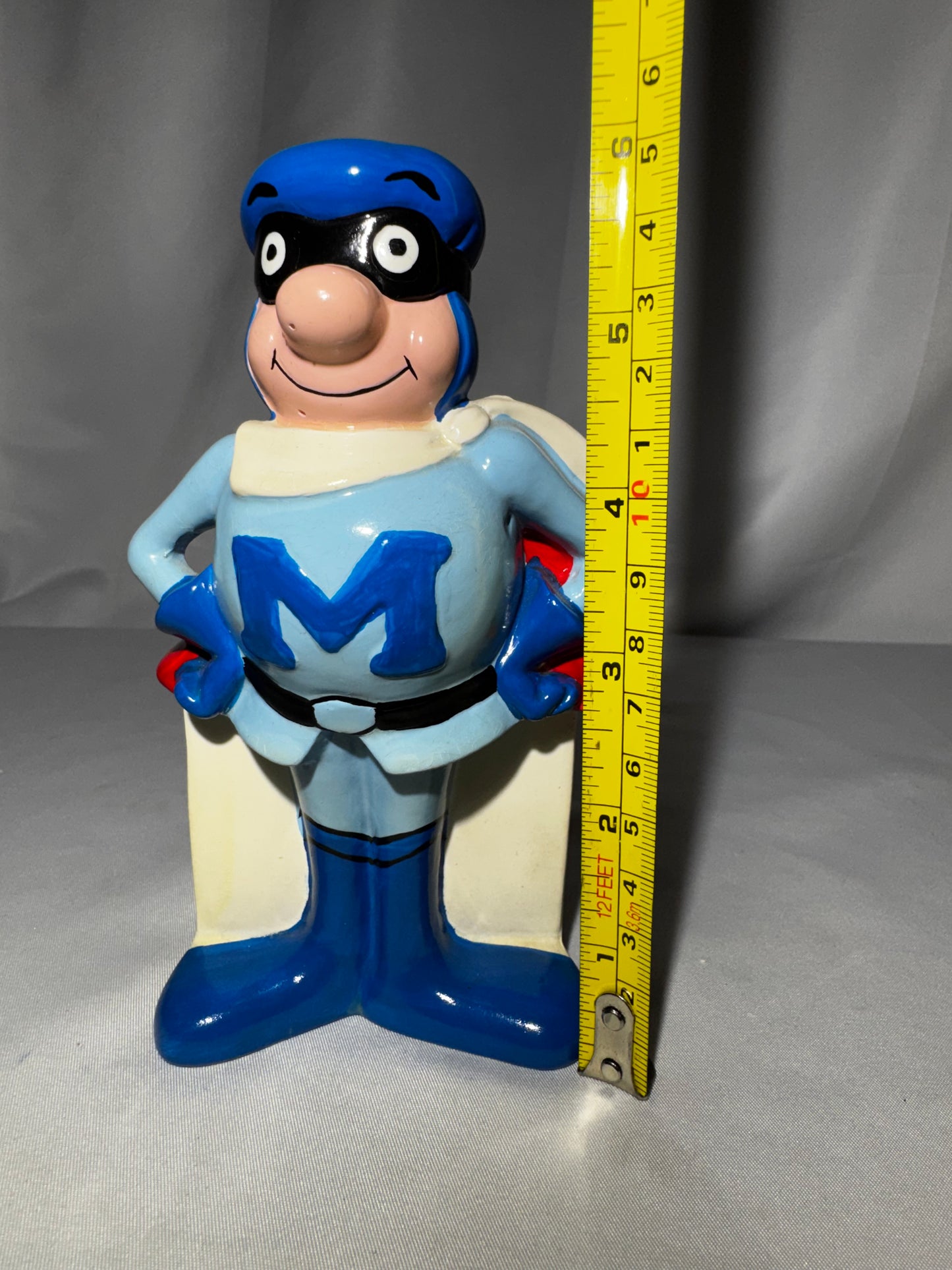 Vintage Rainier Bank M-Man Superhero Ceramic Coin Bank Japan 1960s 6” w/ Stopper