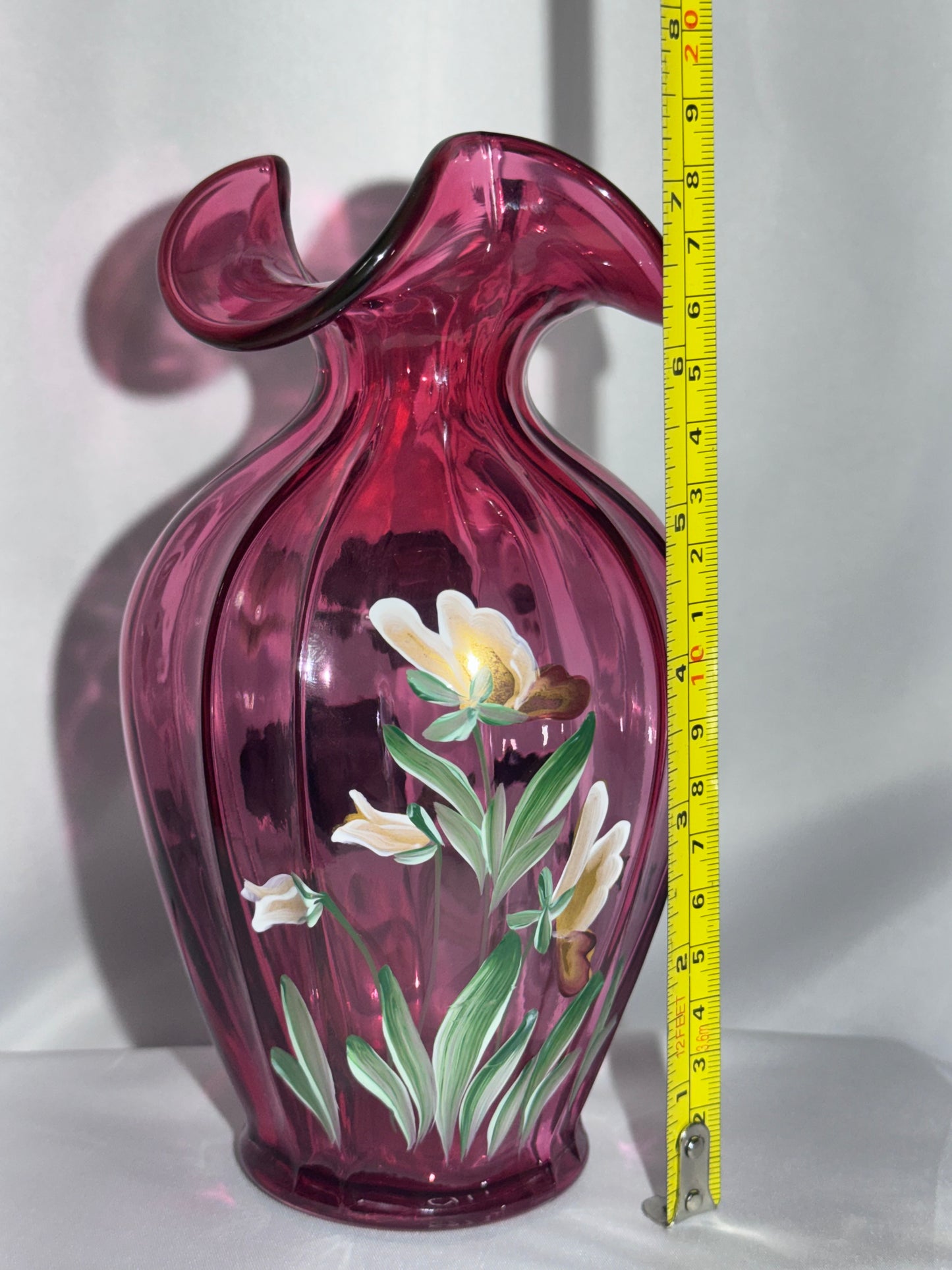 Fenton Cranberry Pansies Hand-Painted Vase – Signed 1995 – #93
