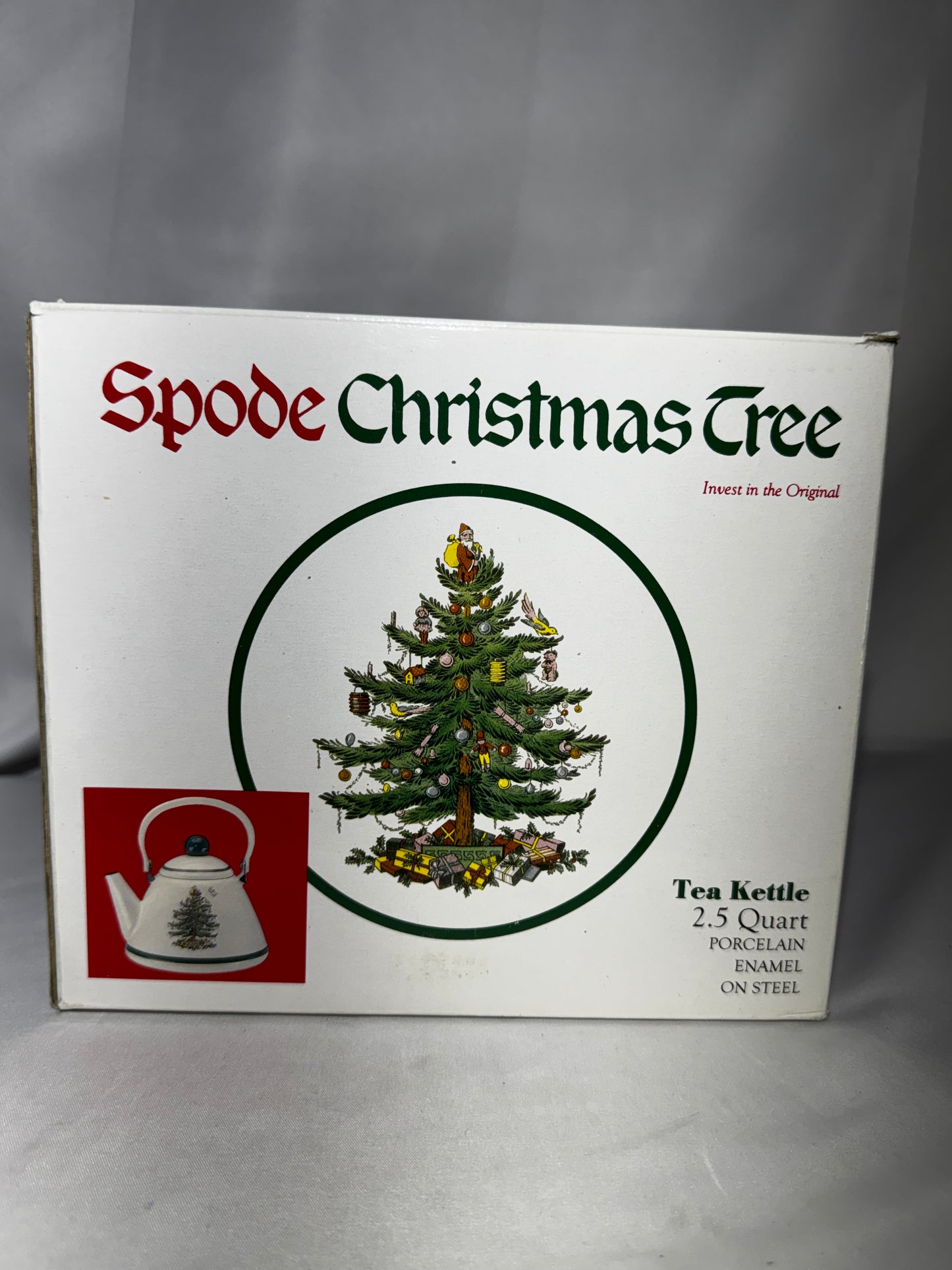 Spode Christmas Tree 2.5 Qt Whistling Tea Kettle Porcelain Enamel on Steel w/ Box