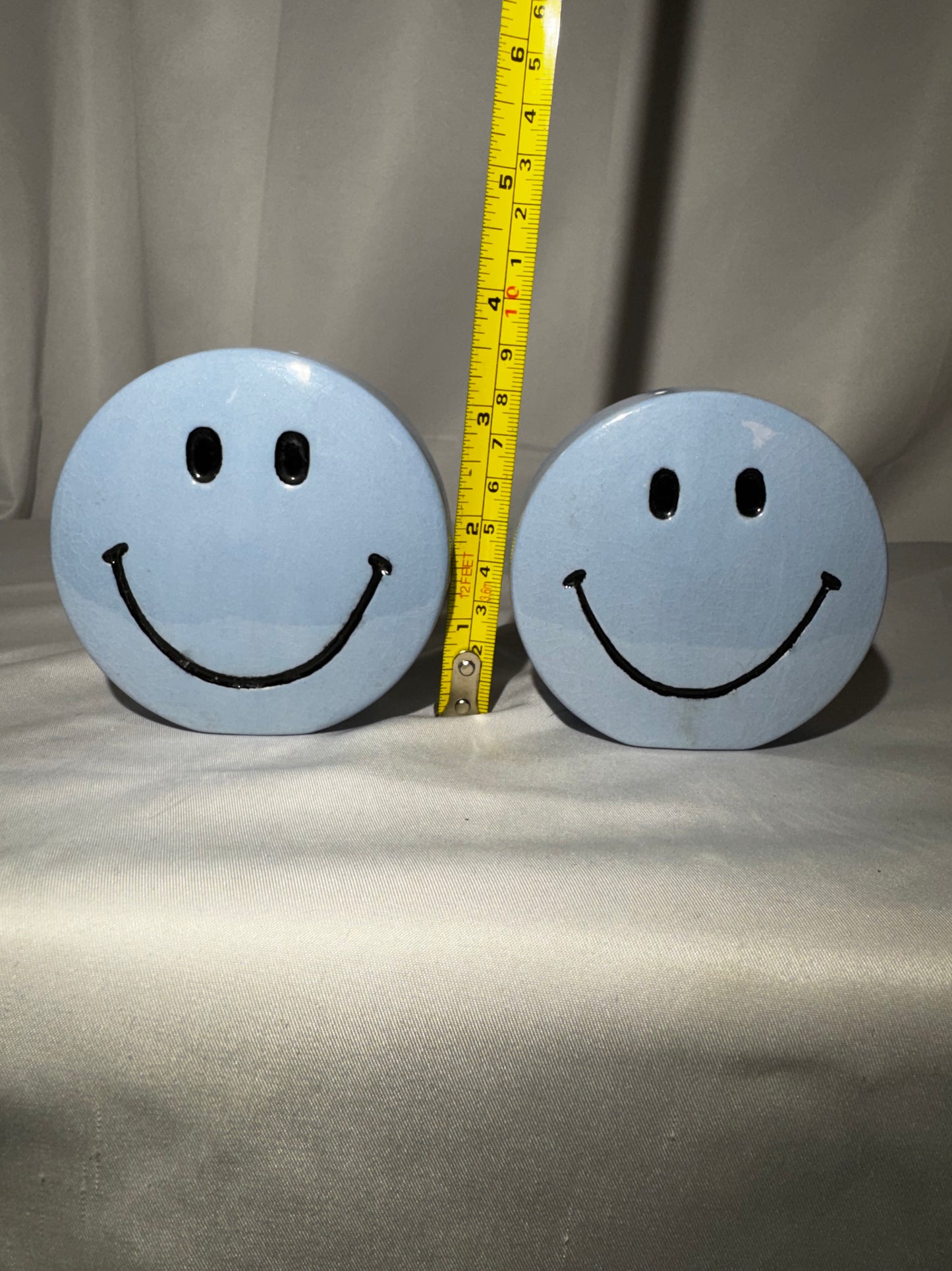Vintage Blue Smiley Face Salt & Pepper Shakers Ceramic Happy Face Set Retro 1970s
