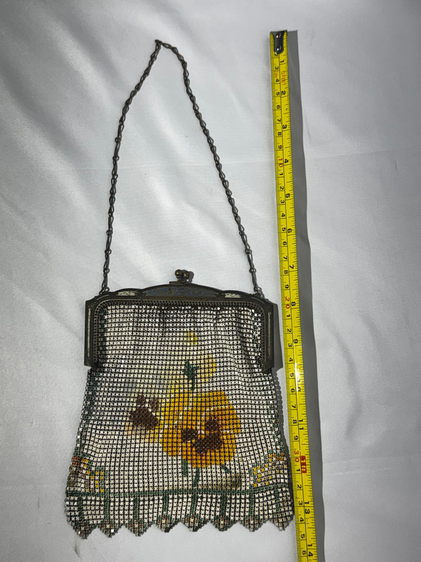Vintage Whiting & Davis Art Deco Enameled Mesh Purse Sunflower Design 1920s Chain Handle