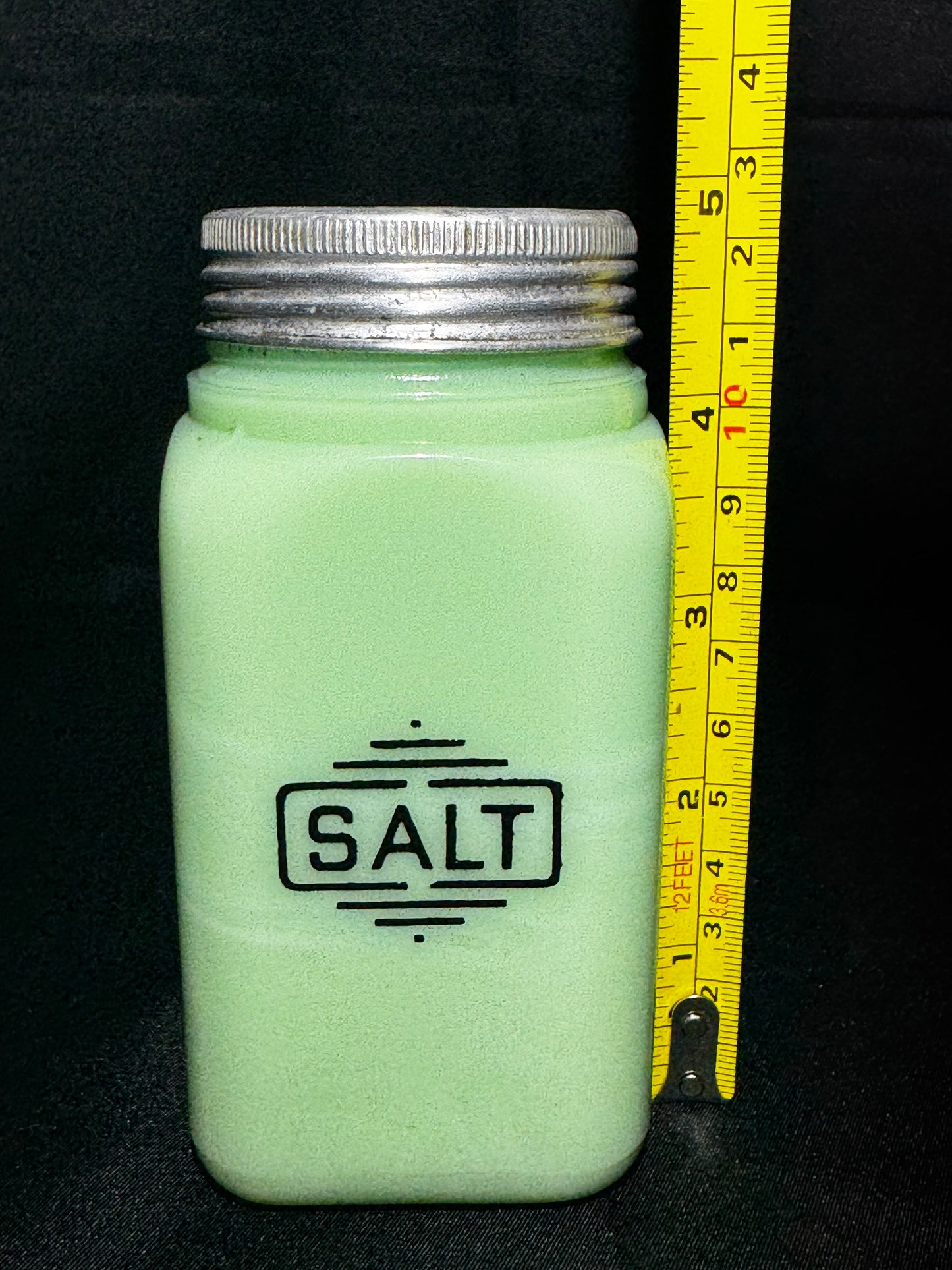 Vintage Jadeite Uranium Glass Range Salt Shaker Large Box Pattern UV Glow 5”
