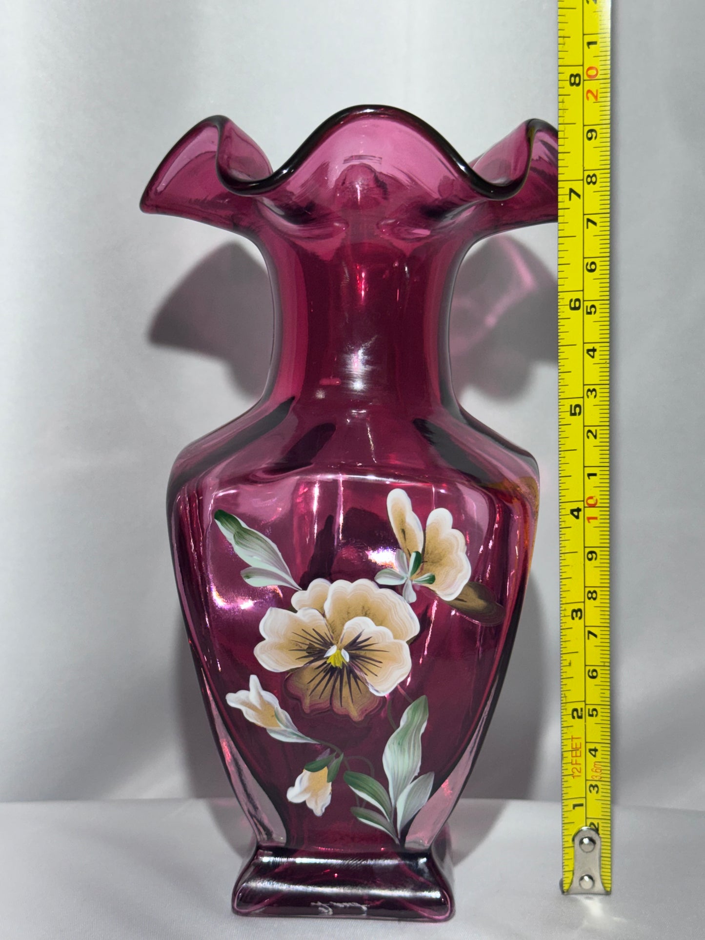 Fenton 1999 Hand Painted Cranberry Cased Glass Square Vase Pansies Signed 7.5”