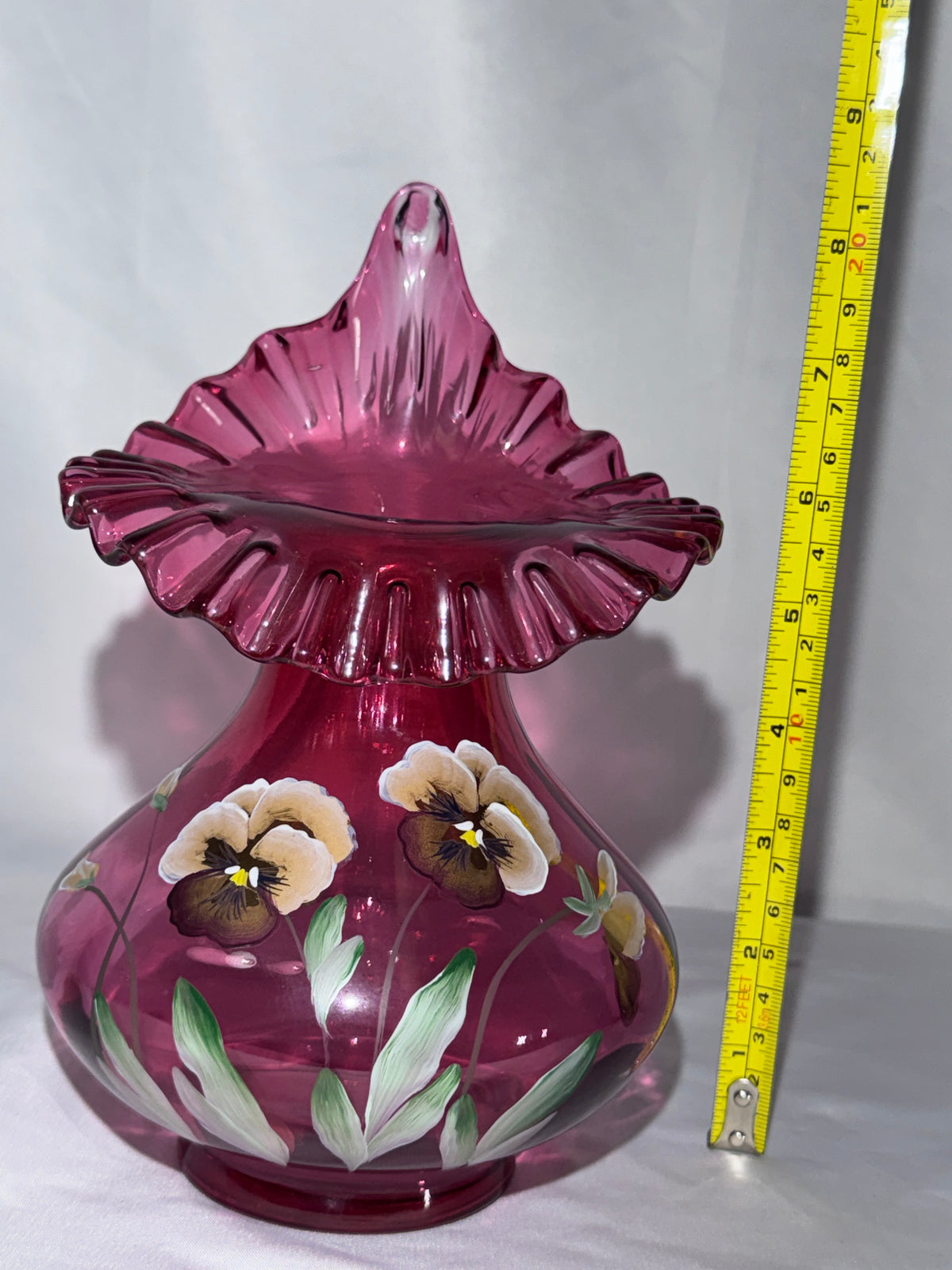 Vintage Fenton Cranberry Jack-in-the-Pulpit Vase – Hand-Painted Pansies – D. Cutshaw – 8.5”