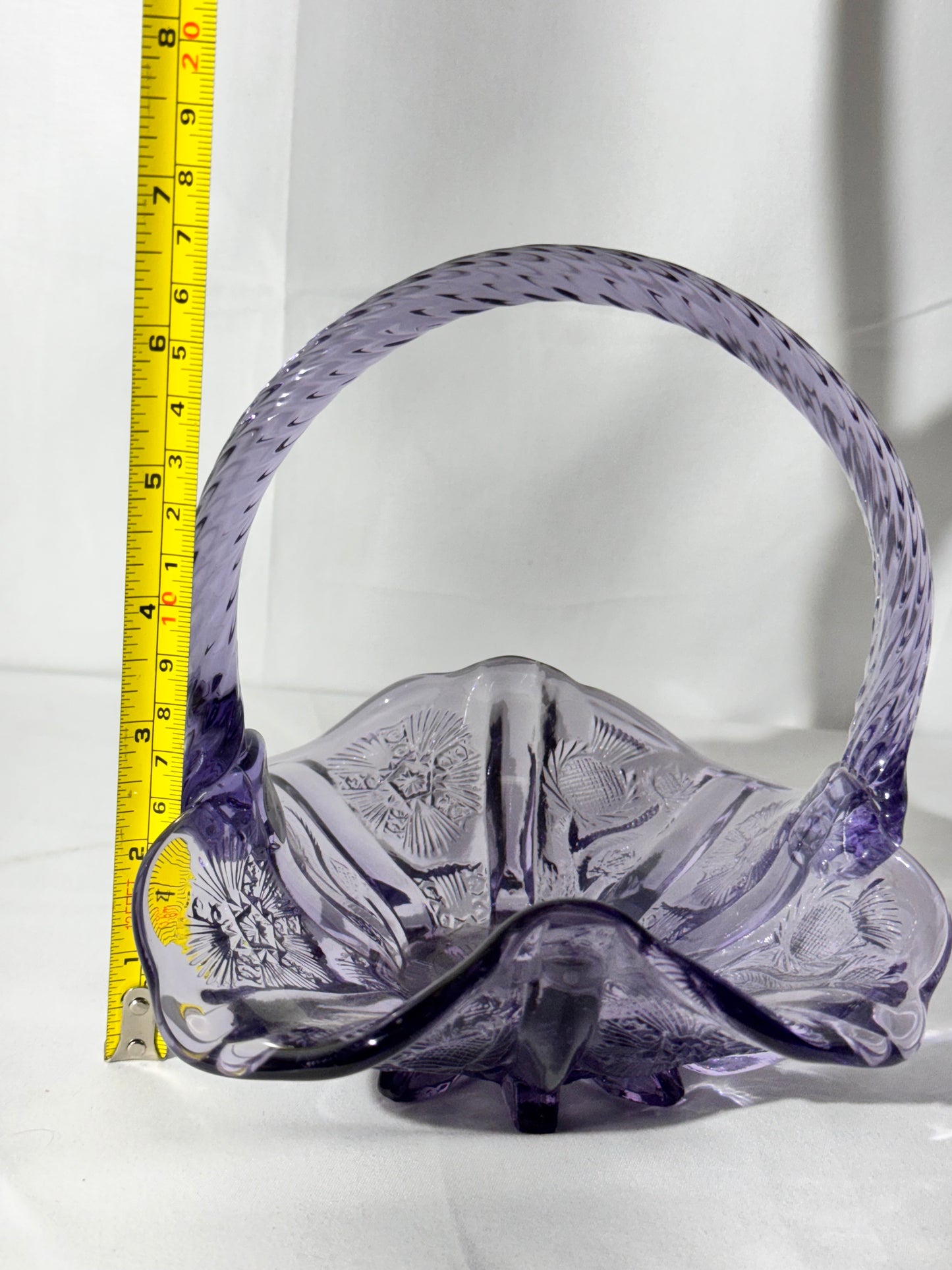 Fenton Glass Basket – Thistle Pattern – Approx. 6 ½” Tall – Original Fenton Sticker