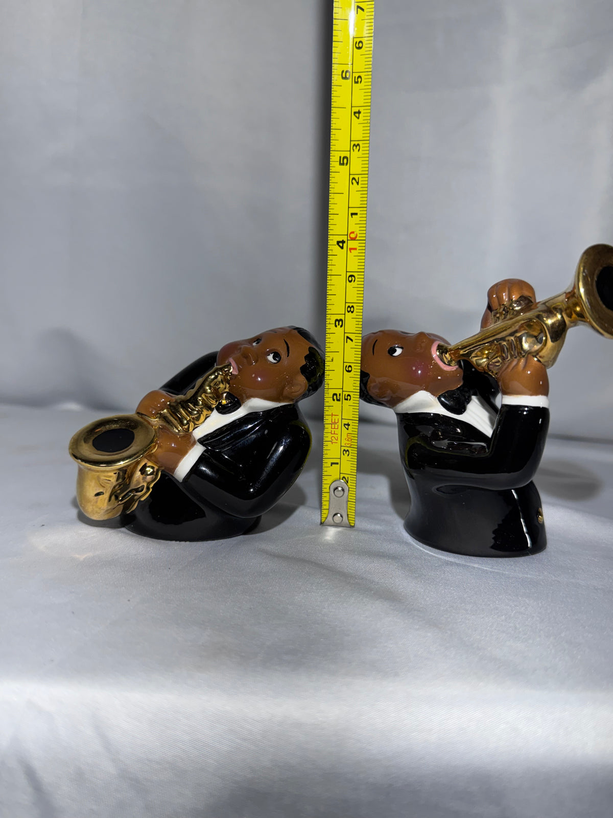 Jazz Musicians Salt and Pepper Shakers – Ceramic Saxophone & Trumpet Players – 1996 Clay Art