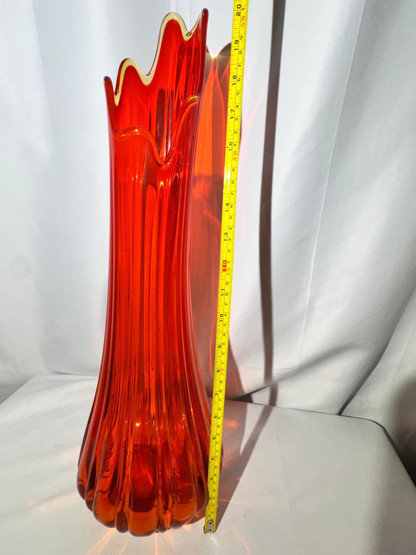 Vintage L.E. Smith Flame Red Swung Glass Vase – 21” Mid-Century Modern Art Glass