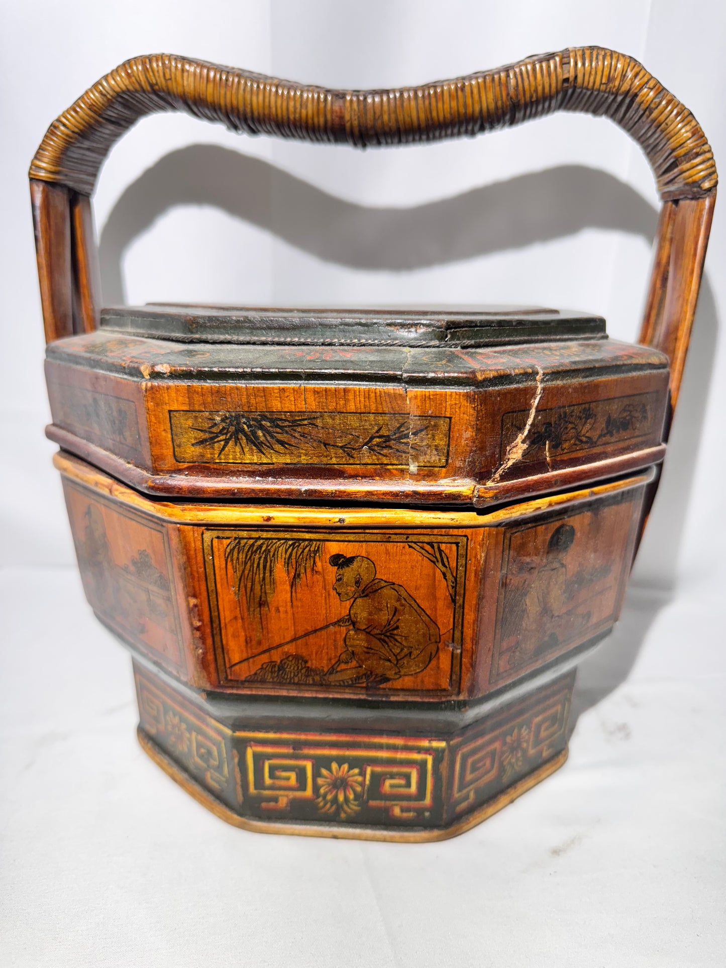 Antique Chinese Wedding / Brothel Basket – Lacquer Wood & Woven Bamboo