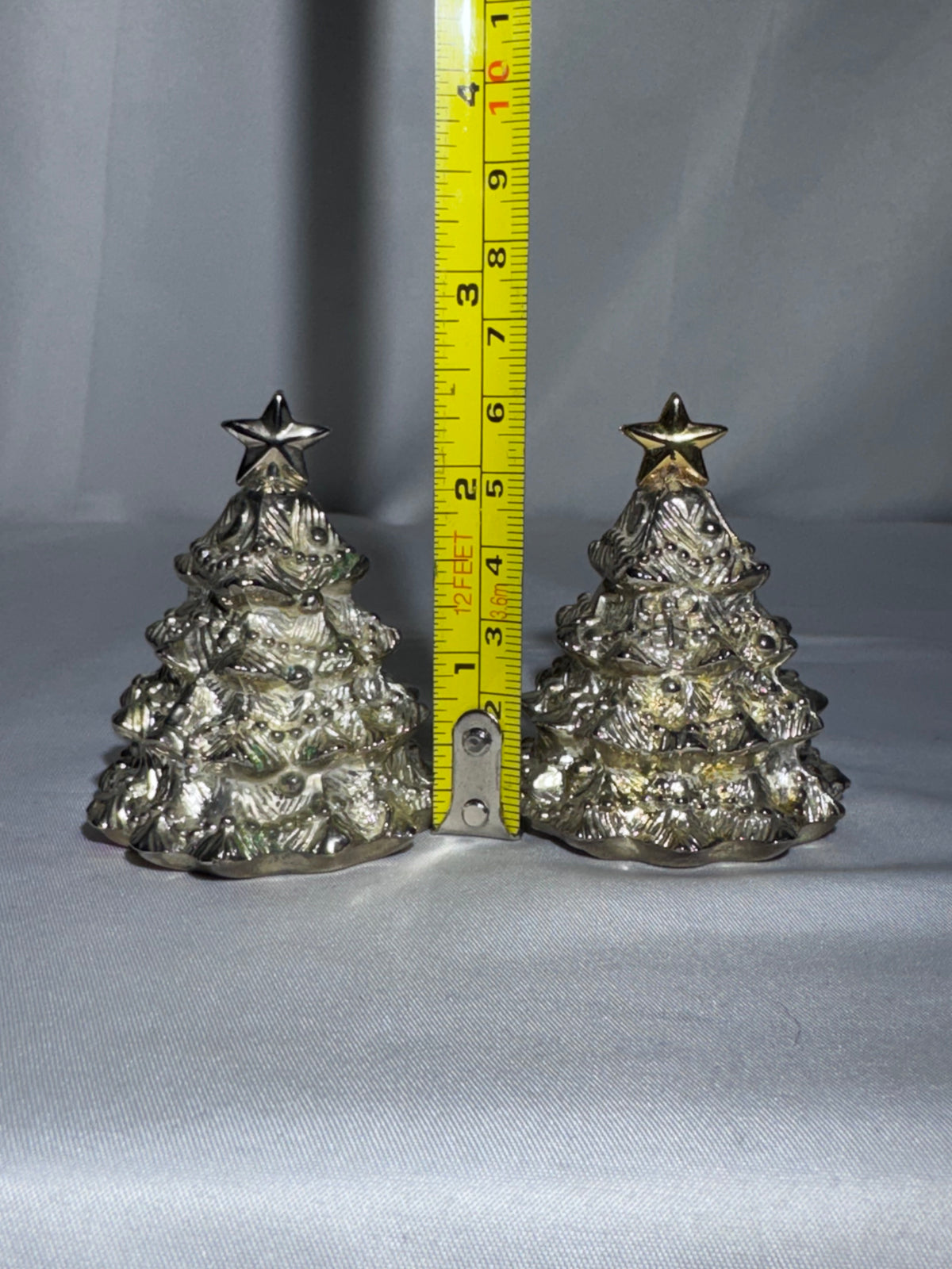 Vintage Godinger Silver Plated Christmas Tree Salt Pepper Shakers Gold Stars 2.5"