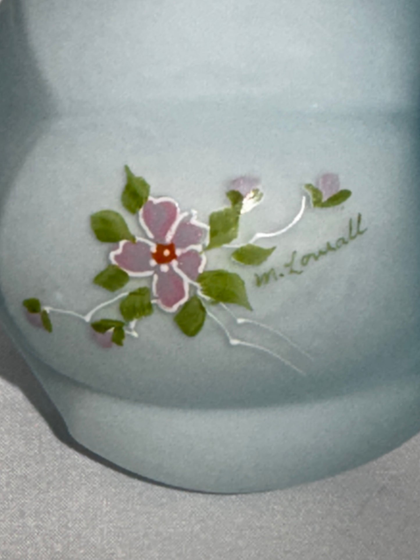 Vintage Fenton Baby Blue Satin Glass Barber Bottle – Hand-Painted Floral – 7.5”