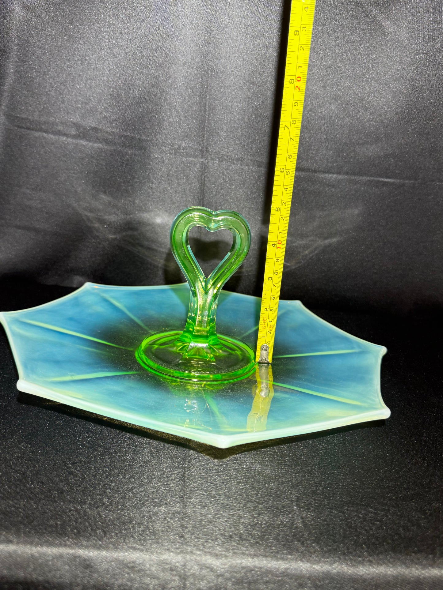Vintage Uranium Glass Tidbit 12” Tray Heart Handle Bon Bon Dish UV Glow