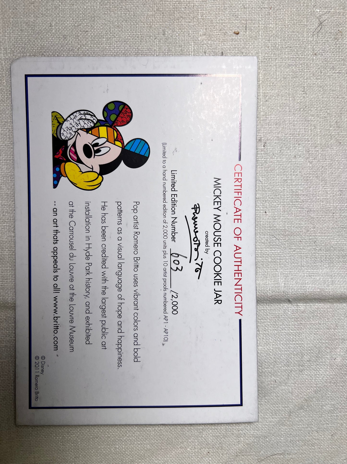 Mickey Mouse- Britto- Cookie Jar- 603/2,000 - Signed and numbered- Disney