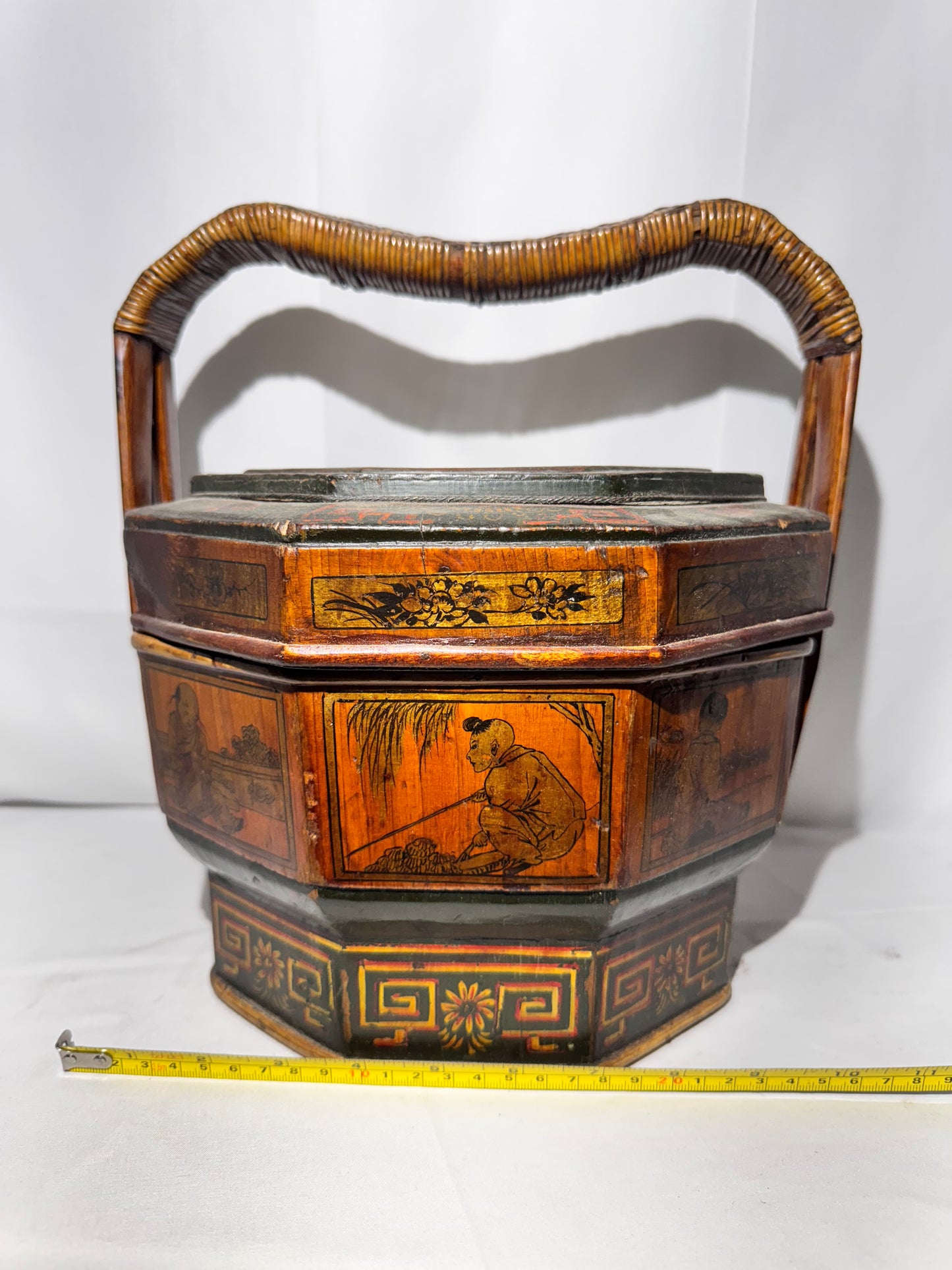Antique Chinese Wedding / Brothel Basket – Lacquer Wood & Woven Bamboo