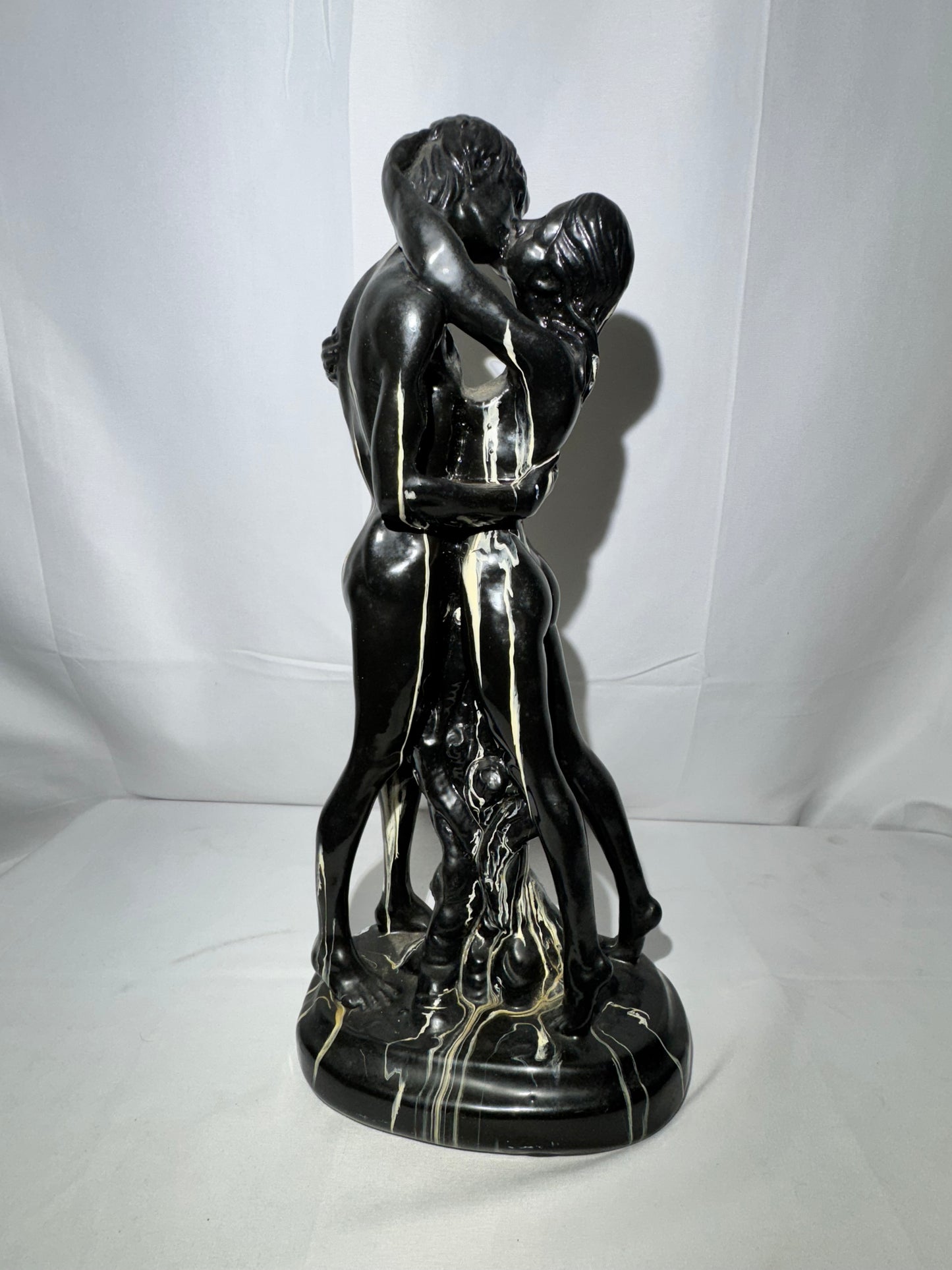Art Deco Ceramic Sculpture “Lovers Embrace” / “The Kiss” – Black & White – 15.5” Tall