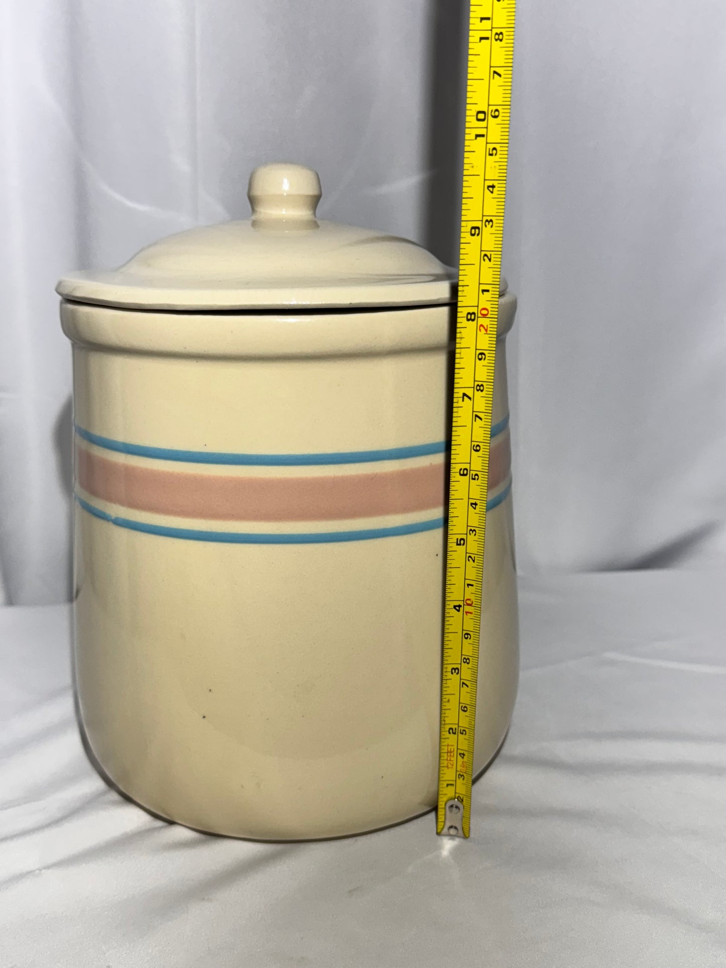 Vintage McCoy Pottery Stonecraft Kitchen Hamper Canister – #133 – Pink & Blue Stripes – USA
