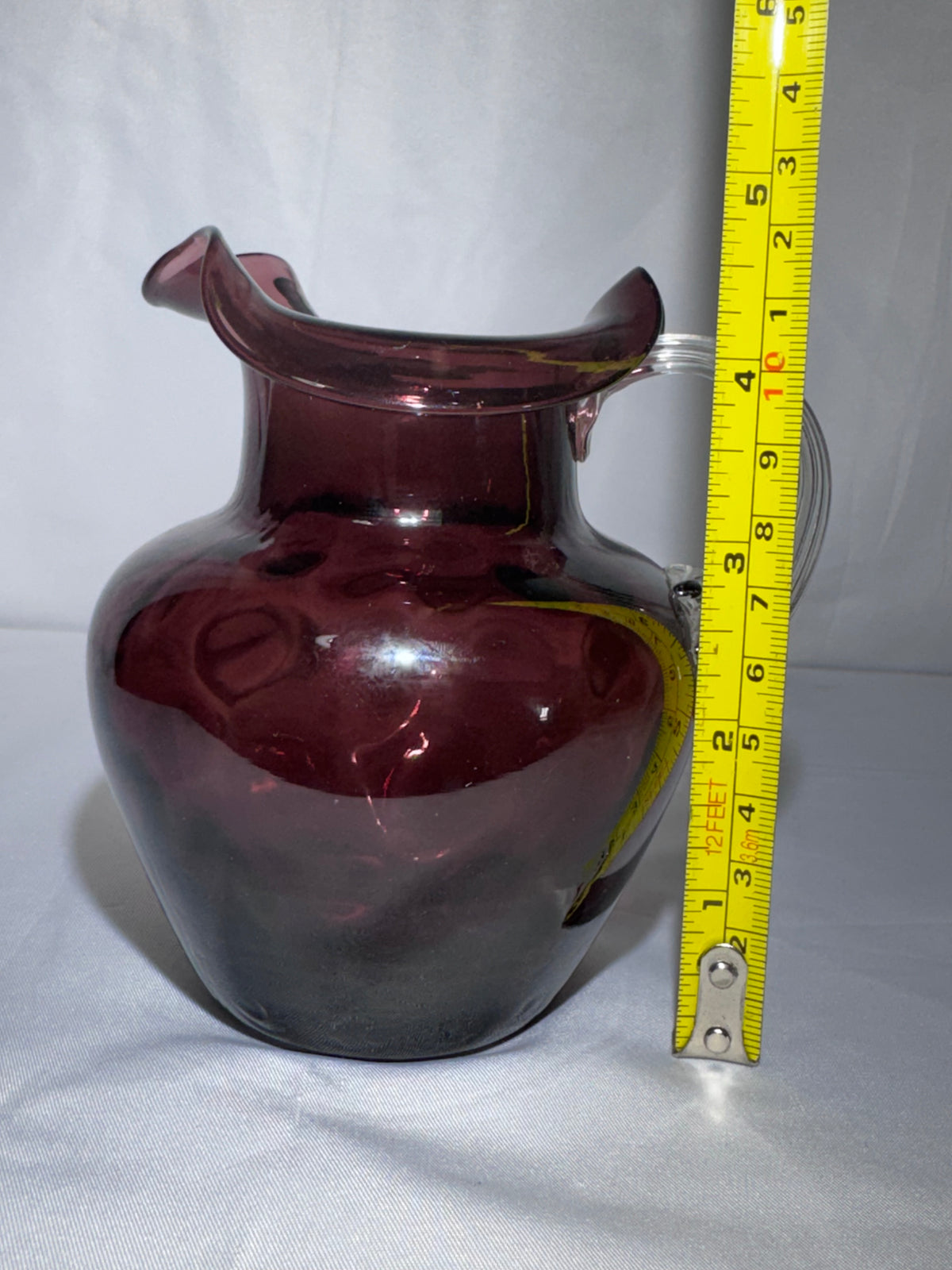 Vintage Hand-Blown Purple Amethyst Glass Coin Dot Small Pitcher / Creamer Ruffled Rim 1940’s-1950’s