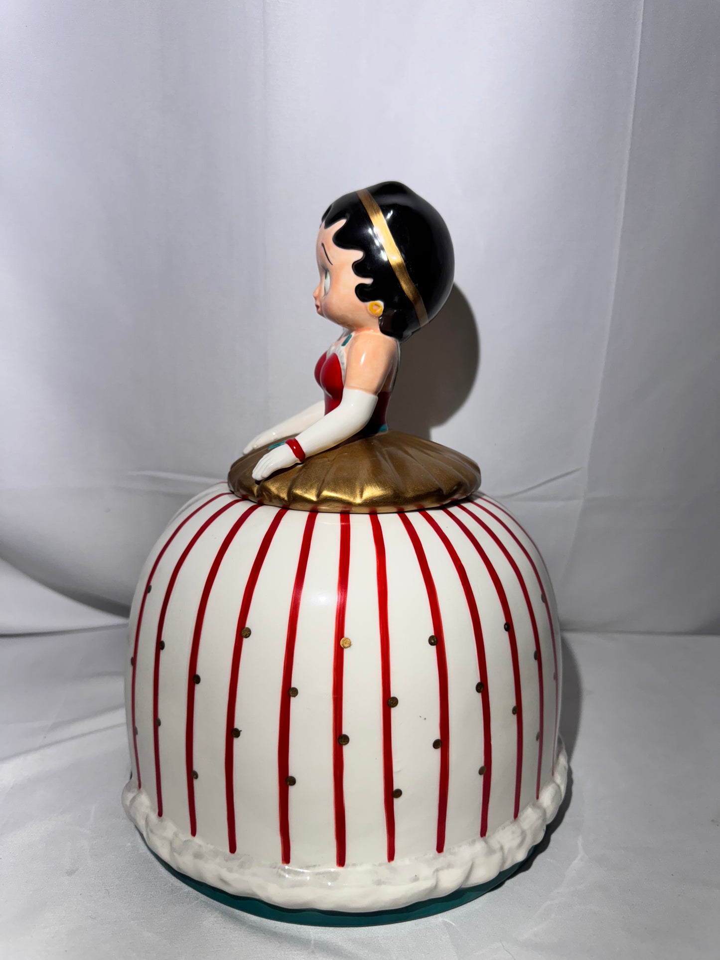 Betty Boop Cookie Jar by Vandor 1999 – Princess Dress Red Stripes Gold Polka Dots – 12” Tall