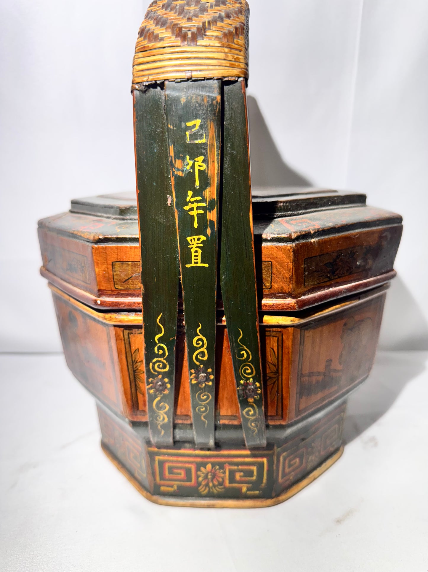 Antique Chinese Wedding / Brothel Basket – Lacquer Wood & Woven Bamboo
