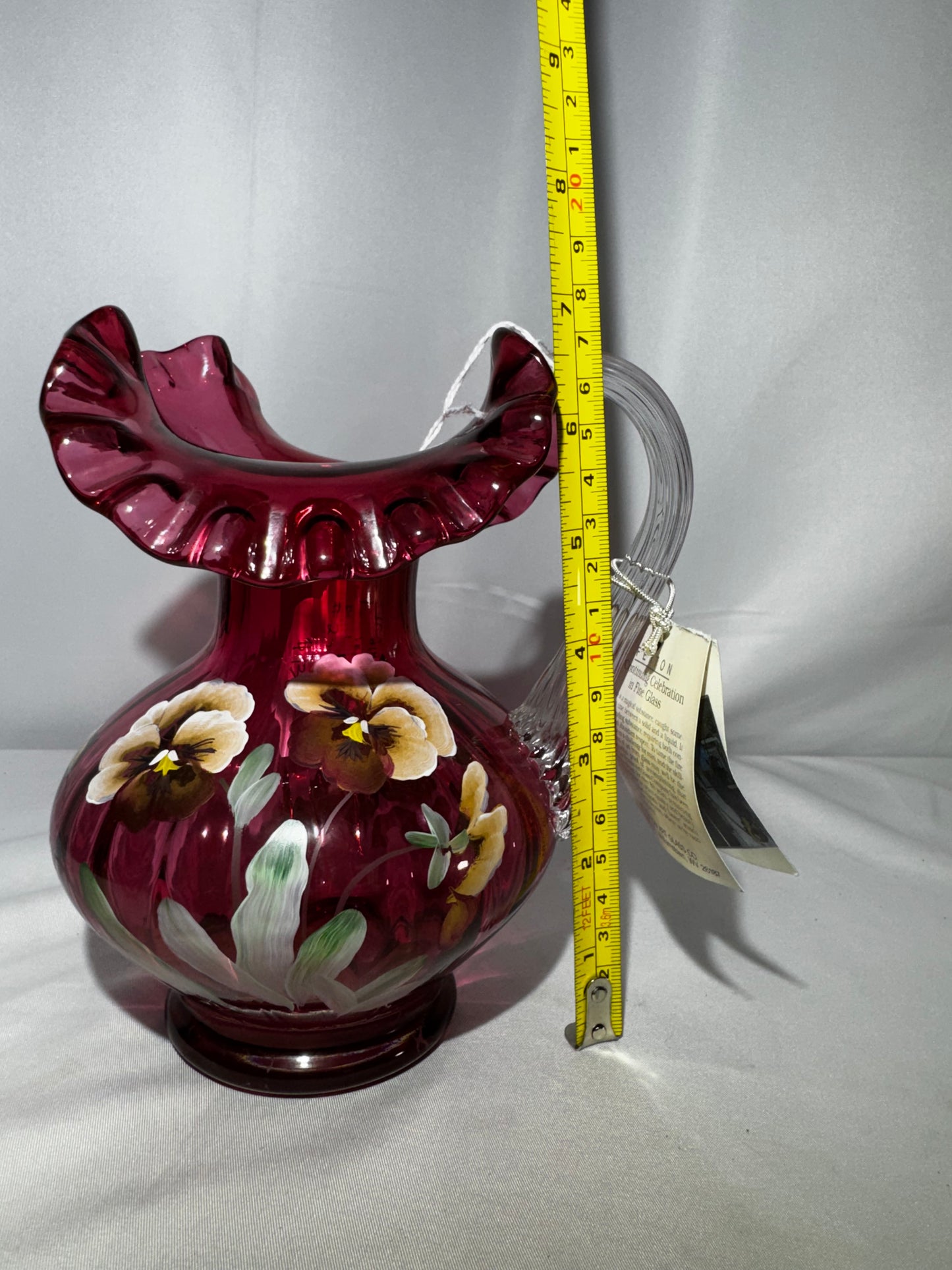Fenton Art Glass Cranberry Pansy Pitcher 1994 Signed George & Frank M Fenton #279 Hand Painted