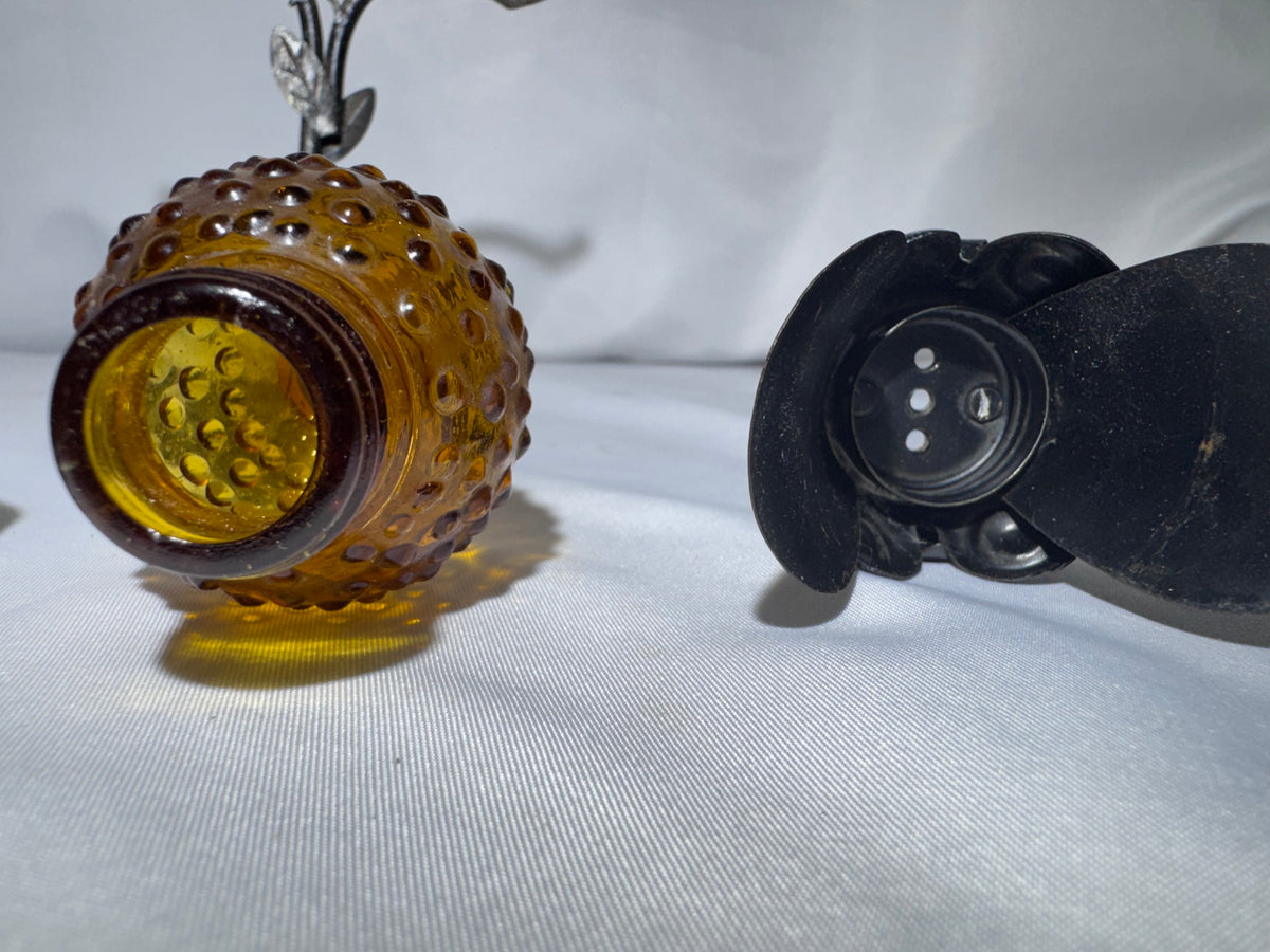 Vintage 1970s Amber Hobnail Glass Owl Salt & Pepper Shakers w/ Metal Tree Stand
