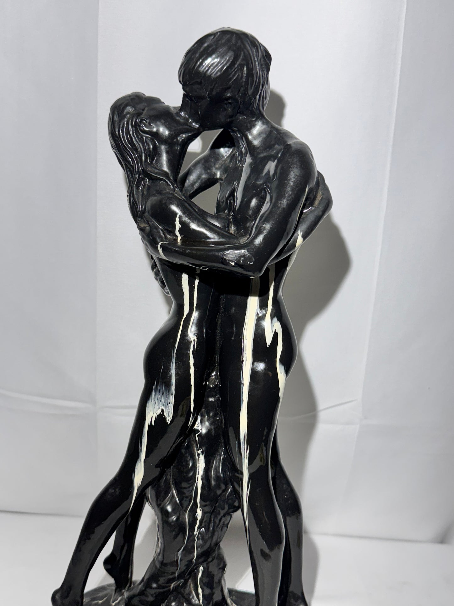 Art Deco Ceramic Sculpture “Lovers Embrace” / “The Kiss” – Black & White – 15.5” Tall