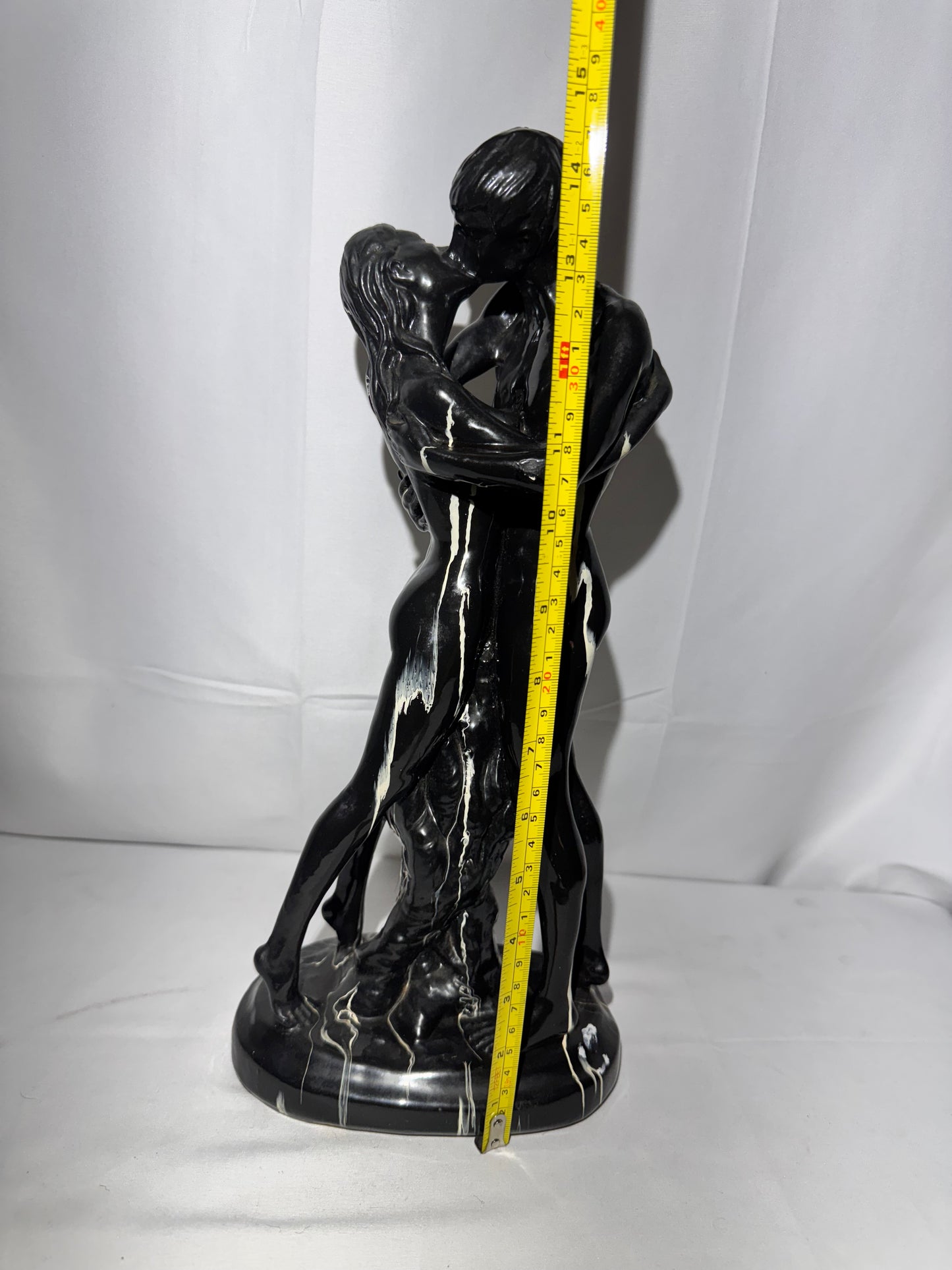 Art Deco Ceramic Sculpture “Lovers Embrace” / “The Kiss” – Black & White – 15.5” Tall