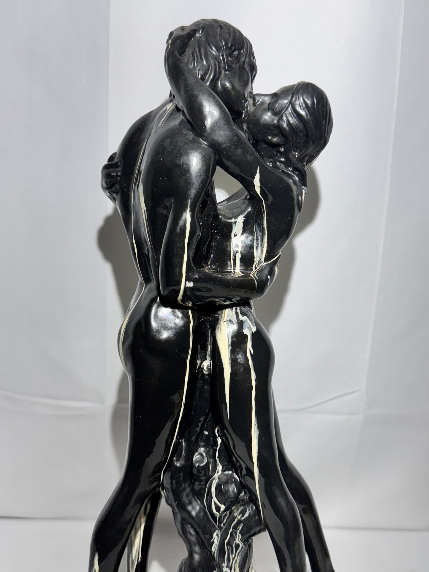 Art Deco Ceramic Sculpture “Lovers Embrace” / “The Kiss” – Black & White – 15.5” Tall