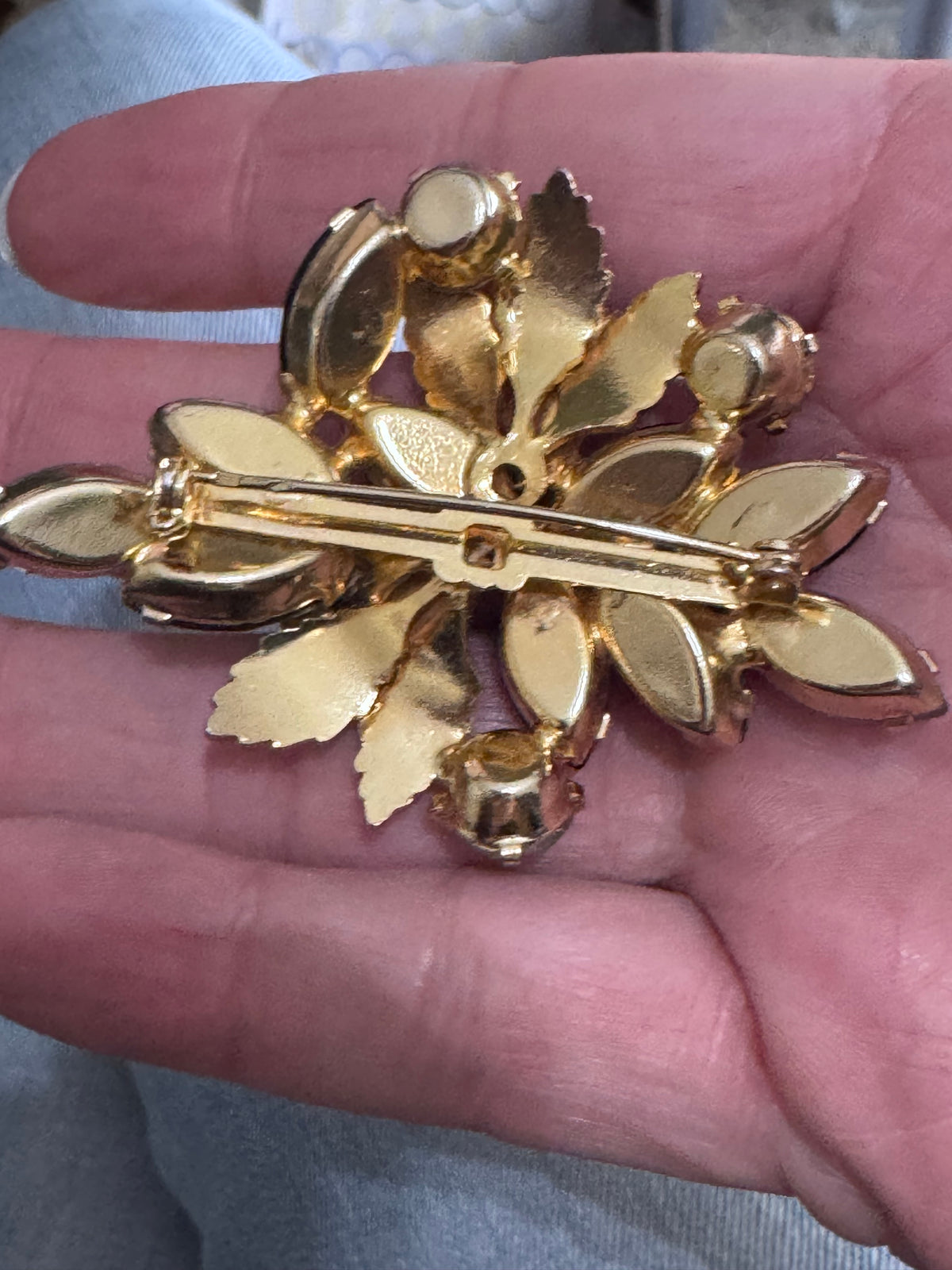 Vintage Weiss Style Black Rhinestone Floral Brooch Faux Pearl Gold Tone Unsigned
