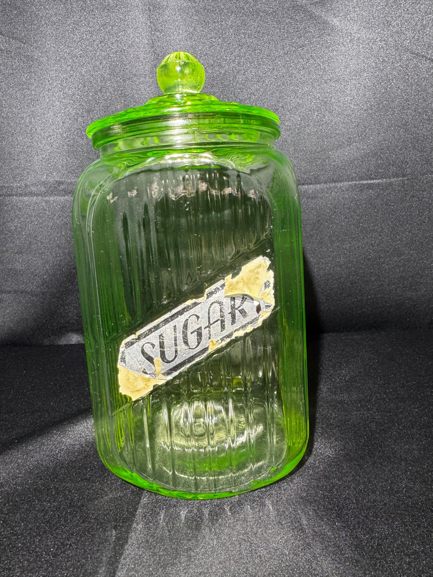 Vintage 1930s Anchor Hocking Uranium Glass “SUGAR” Canister with Original Lid