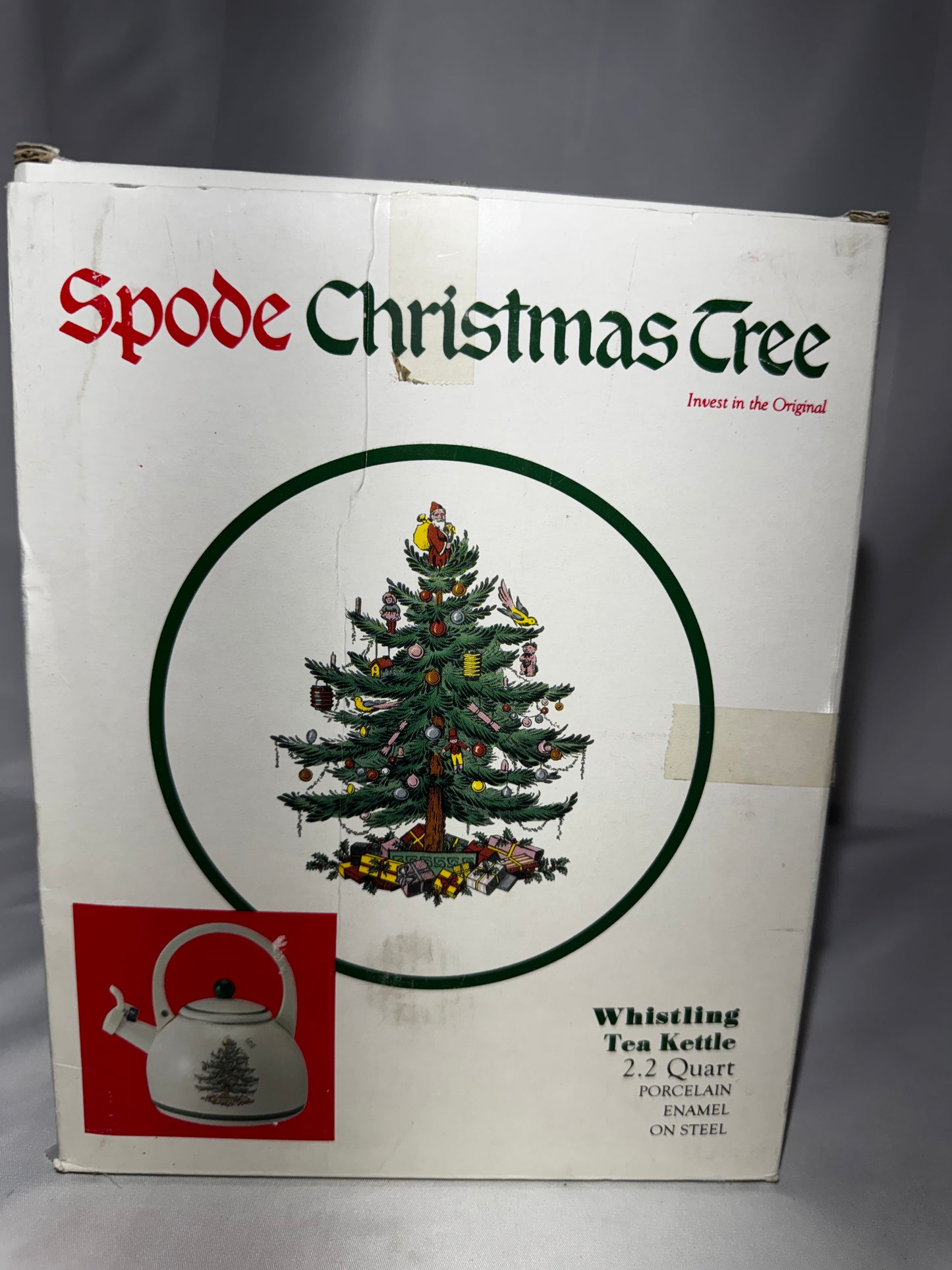 Spode Christmas Tree Enamel on Steel Whistling Tea Kettle 2.2 Qt w/ Original Box Holiday