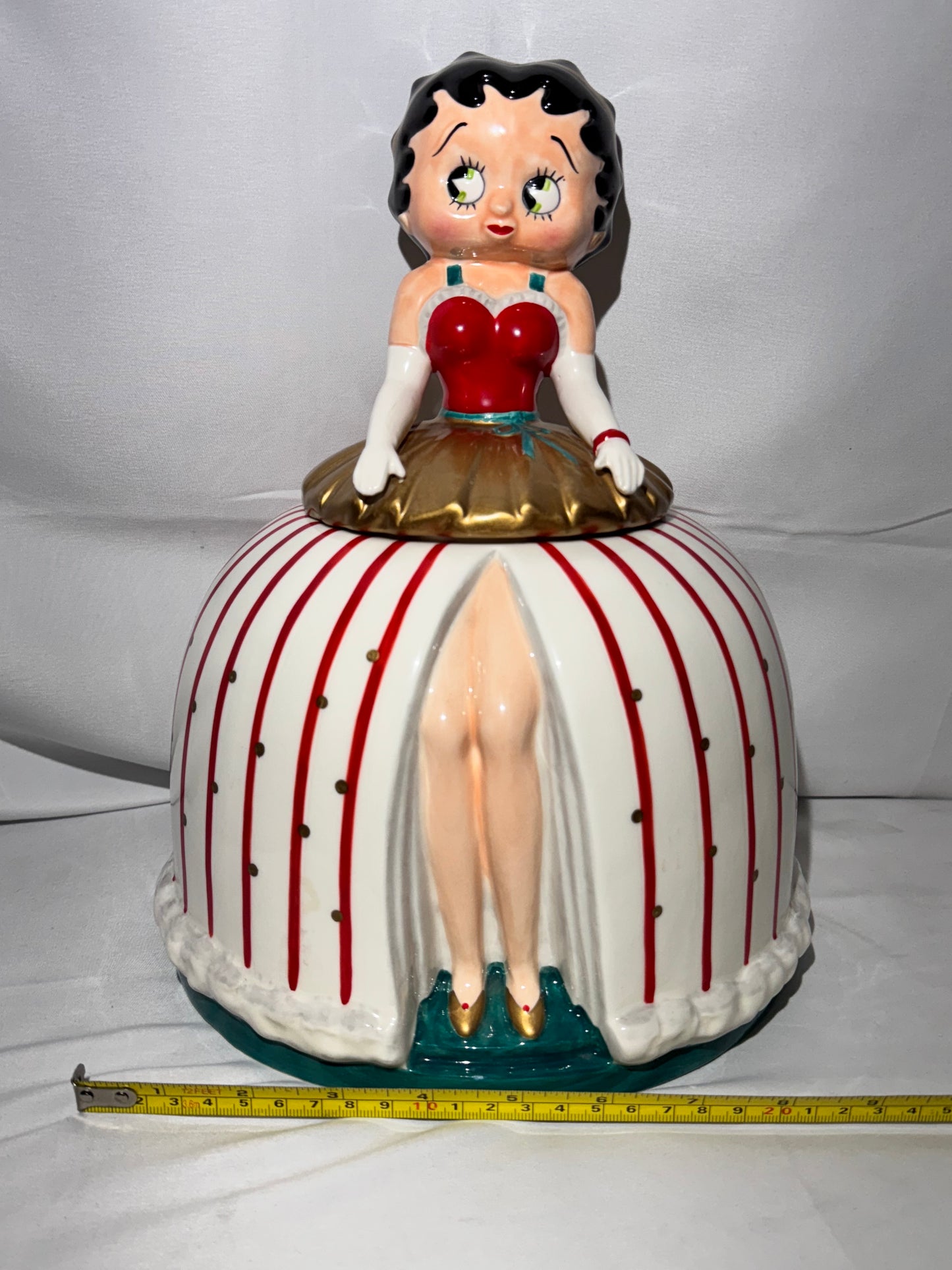 Betty Boop Cookie Jar by Vandor 1999 – Princess Dress Red Stripes Gold Polka Dots – 12” Tall