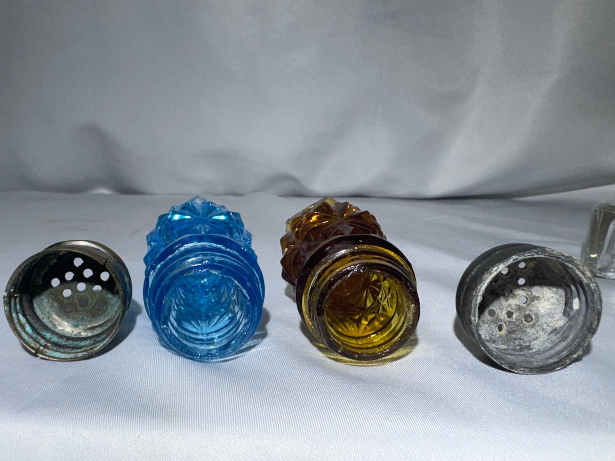 Antique EAPG Daisy & Button Slender Salt & Pepper Shaker Set w/ Glass Caddy – Circa 1884