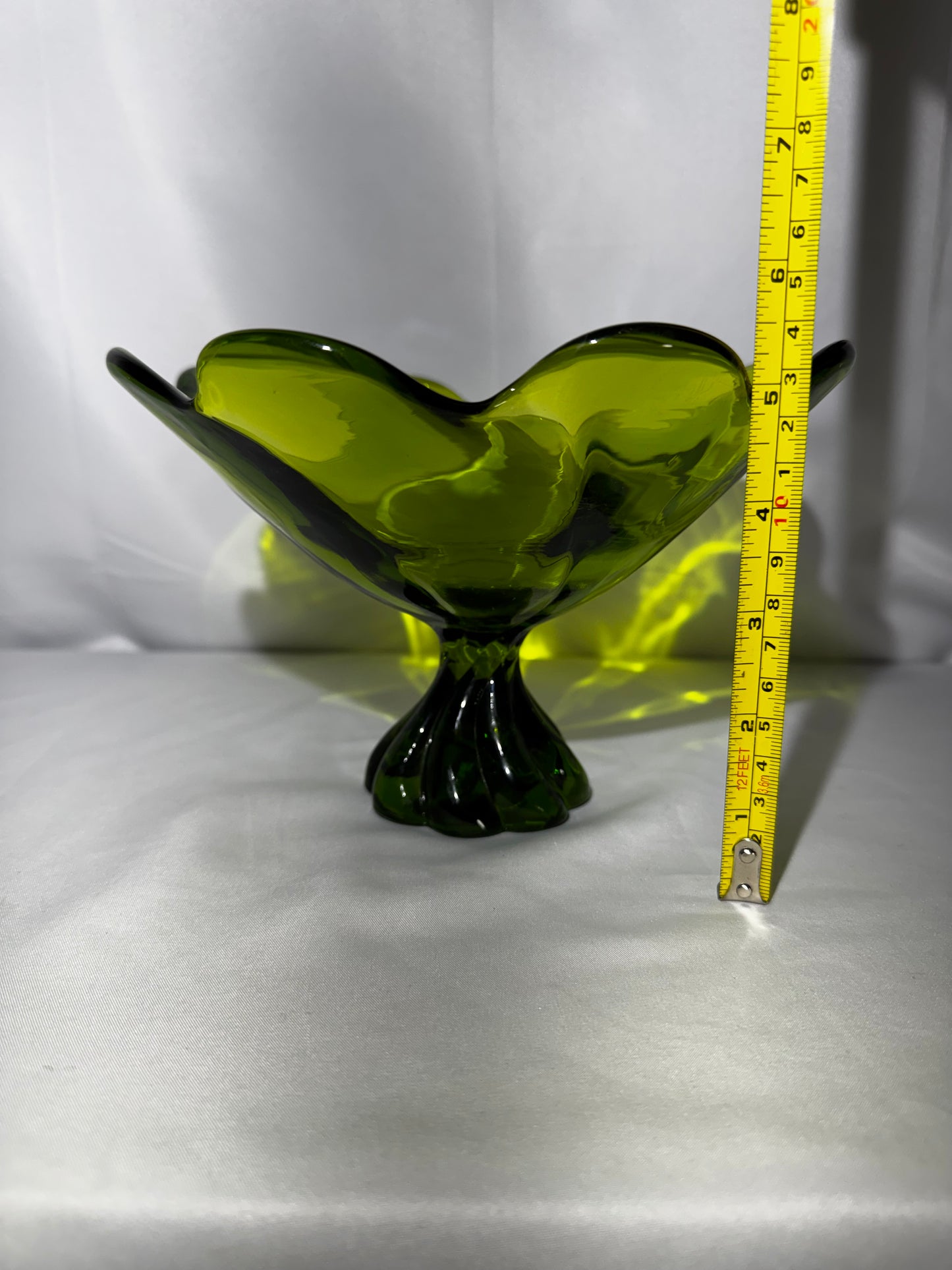 Vintage Viking Glass Epic Avocado Green Compote Bowl Twisted Pedestal Ruffled 8”