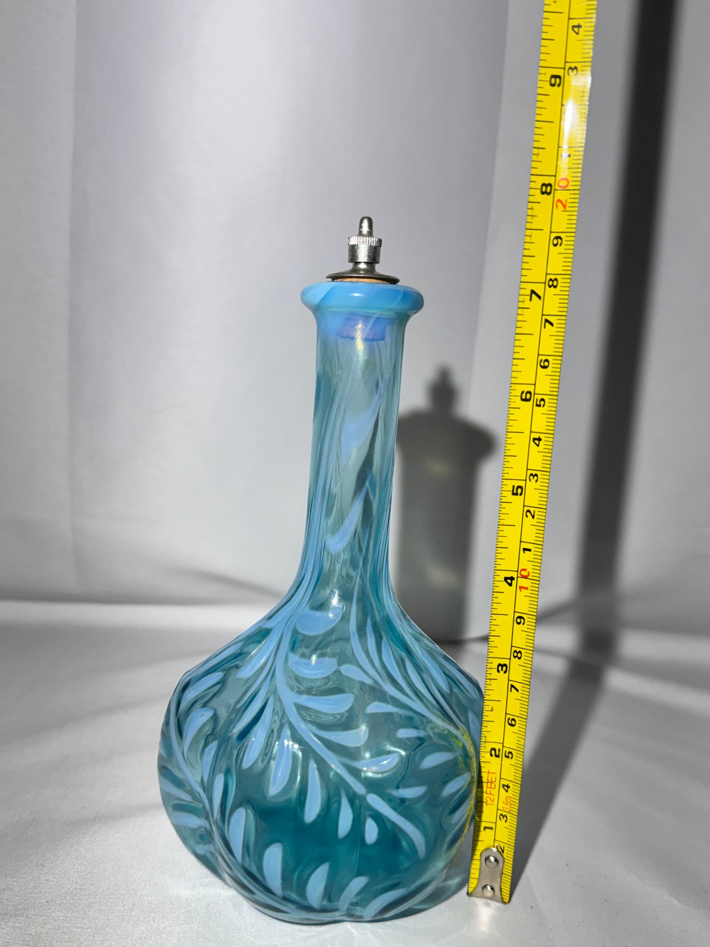 Victorian Blue Opalescent Glass Barber Bottle – Daisy & Fern Pattern w/ Stopper