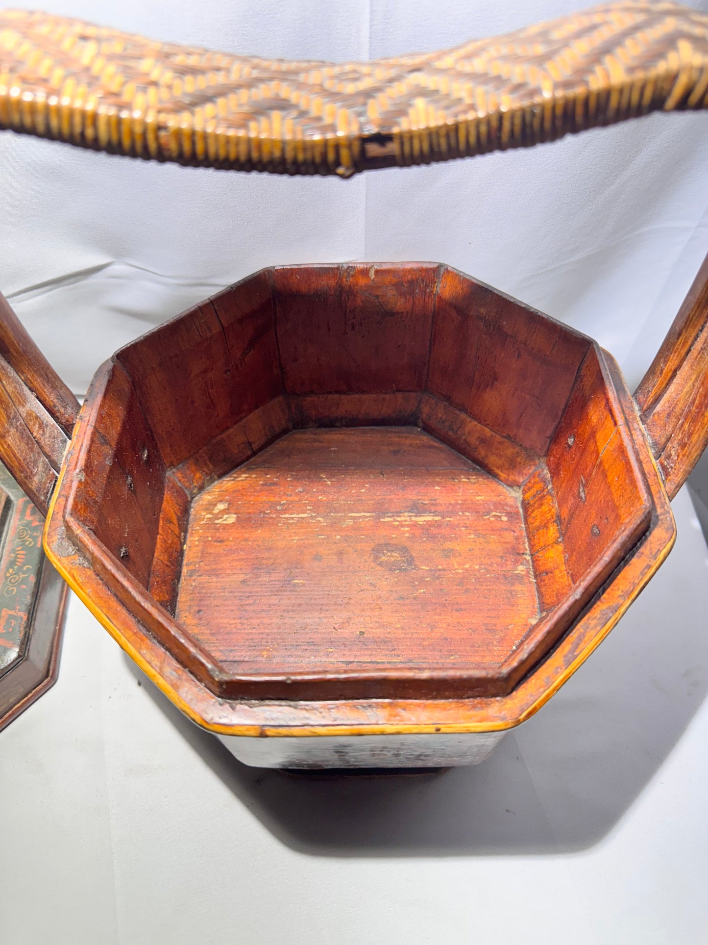Antique Chinese Wedding / Brothel Basket – Lacquer Wood & Woven Bamboo