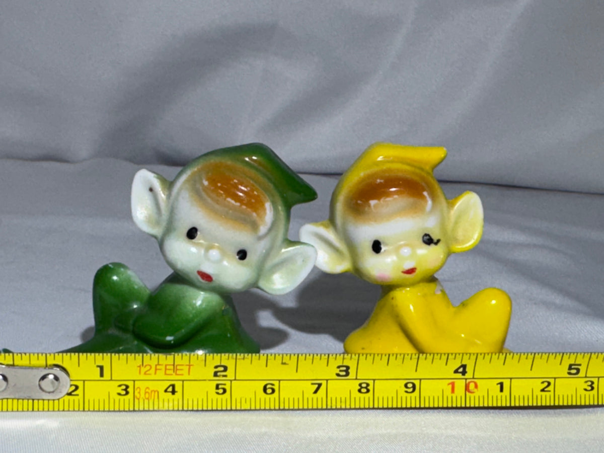 Vintage Japan Ceramic Pixie Elf Figurines Pair – 1950s – Green & Yellow Knee-Hugger Shelf Sitters