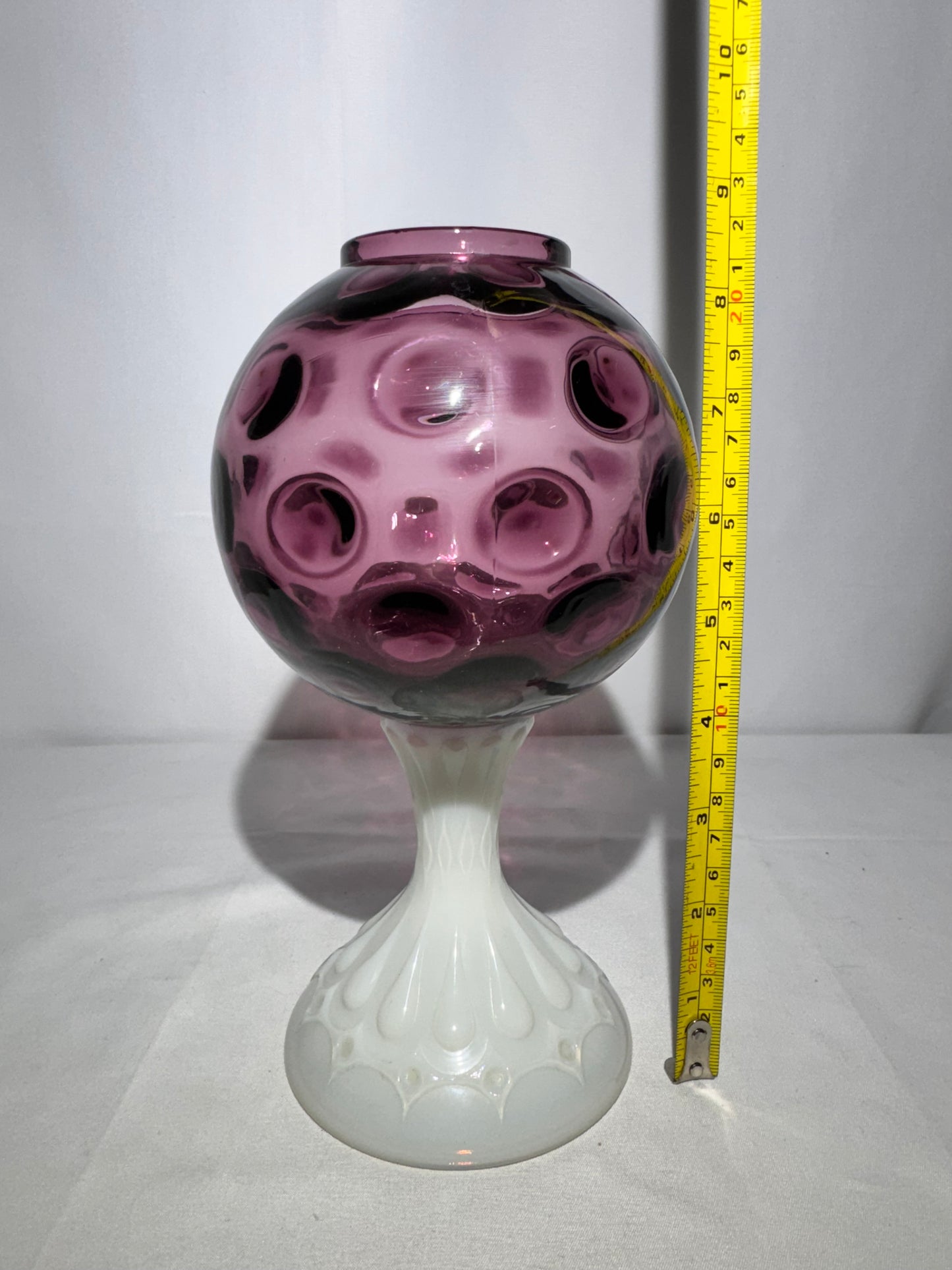 Fenton Coin Pedestal Ivory Ball / Rose Bowl – Amethyst & Milk Glass