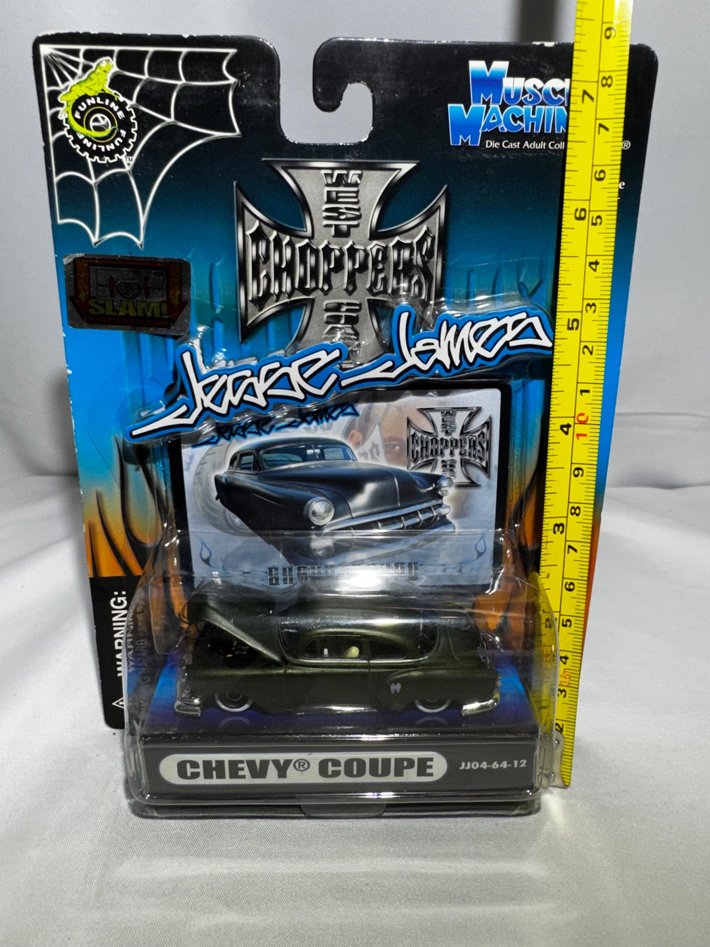 2004 Muscle Machines Jesse James West Coast Choppers Chevy Coupe 1:64 Diecast Olive Drab