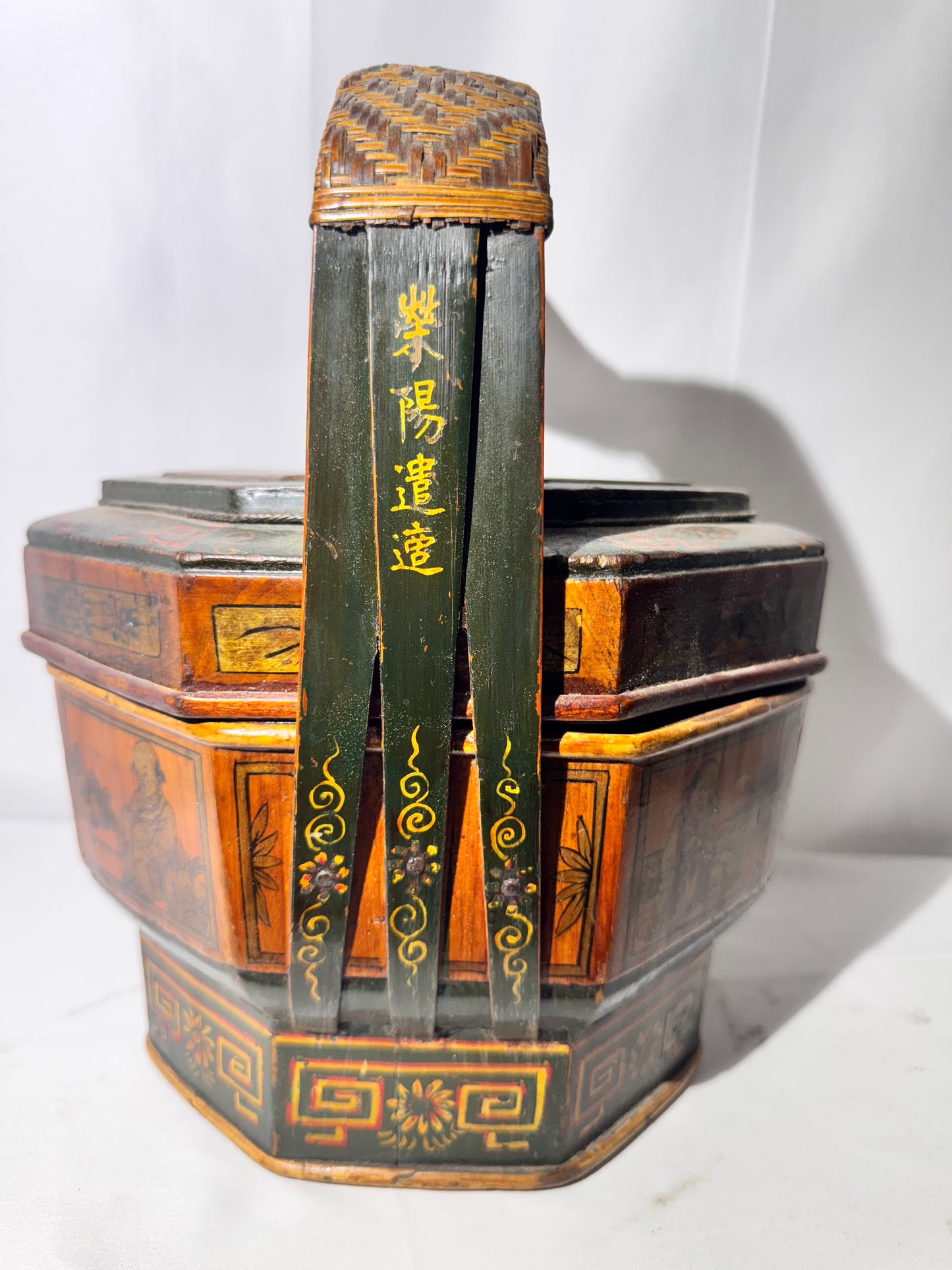Antique Chinese Wedding / Brothel Basket – Lacquer Wood & Woven Bamboo