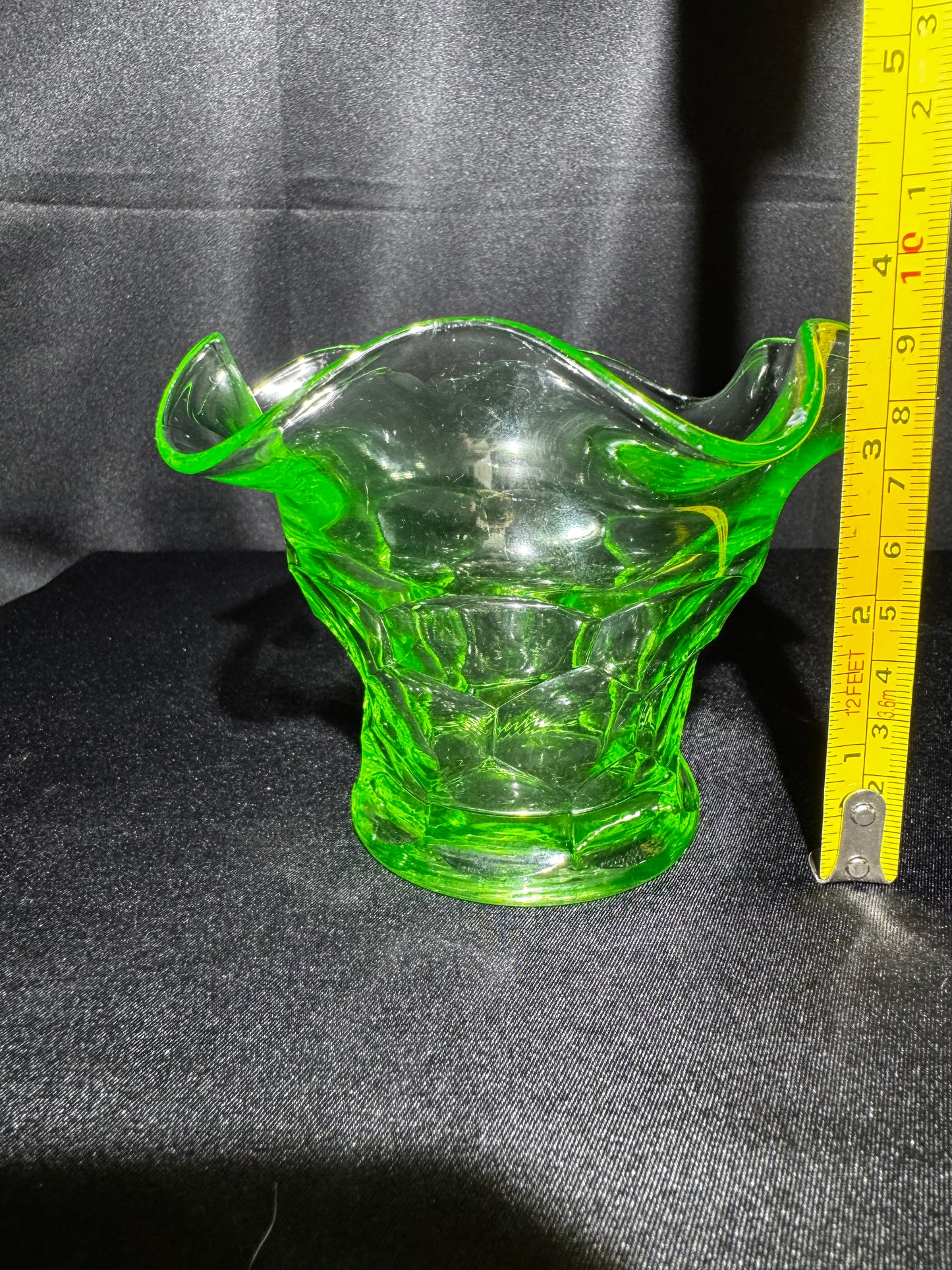 Vintage Uranium Glass Ruffled Bowl Vase Green Vaseline Glass UV Reactive 5.5”
