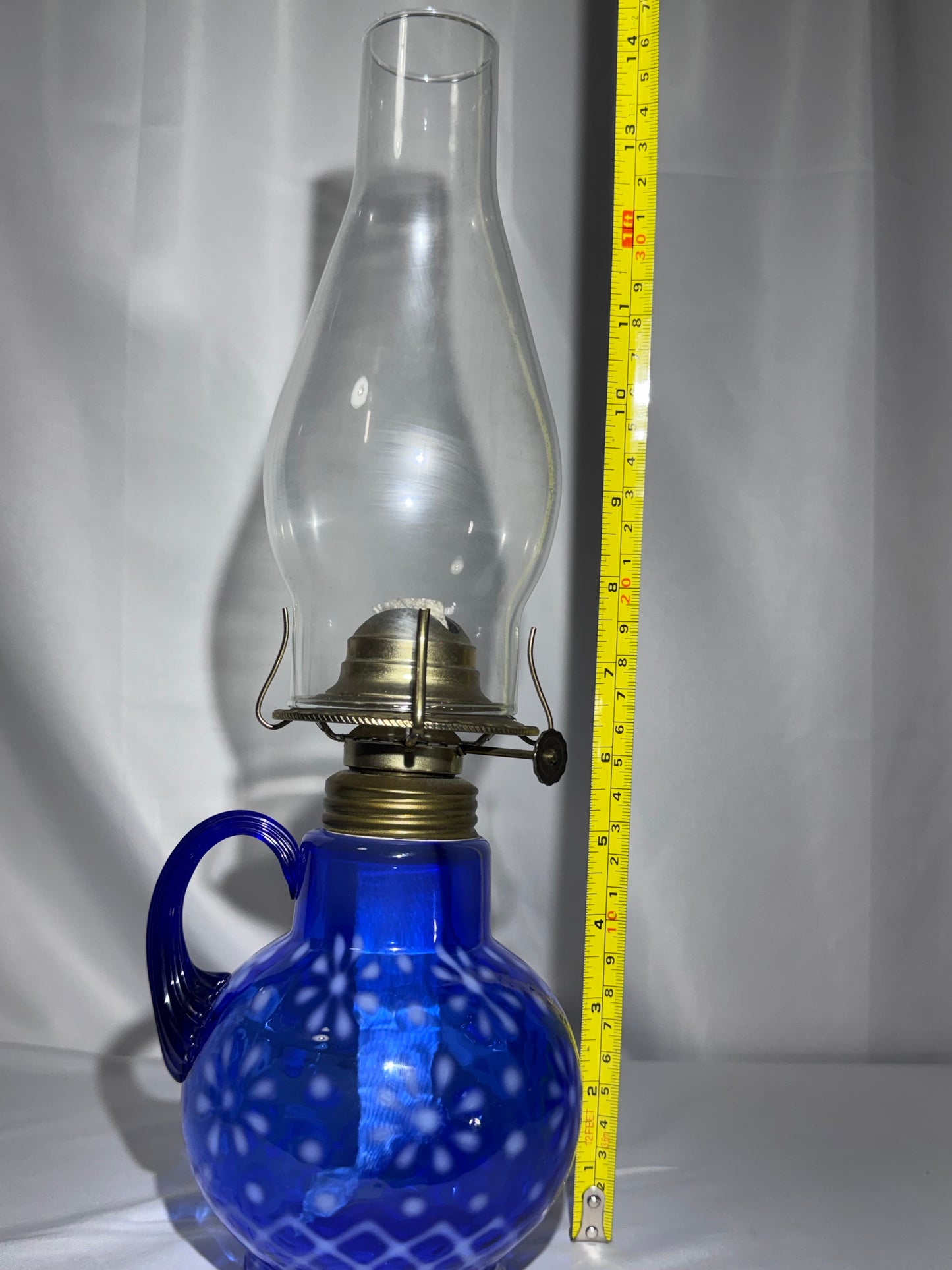 Vintage Cobalt Blue Opalescent Glass Finger Oil Lamp – Snowflake Pattern – 14”