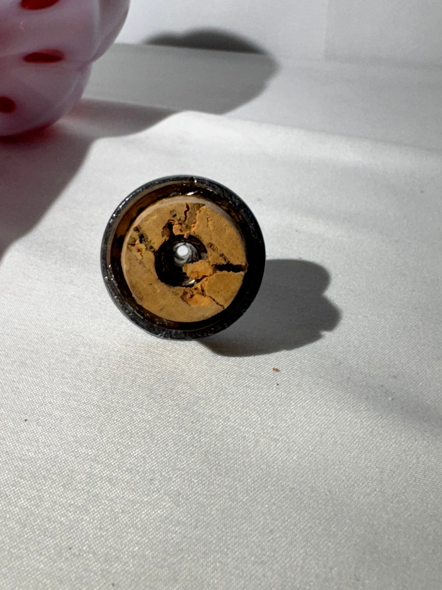 Vintage Barber Bottle – White & Cranberry Coin Pattern with Original Topper