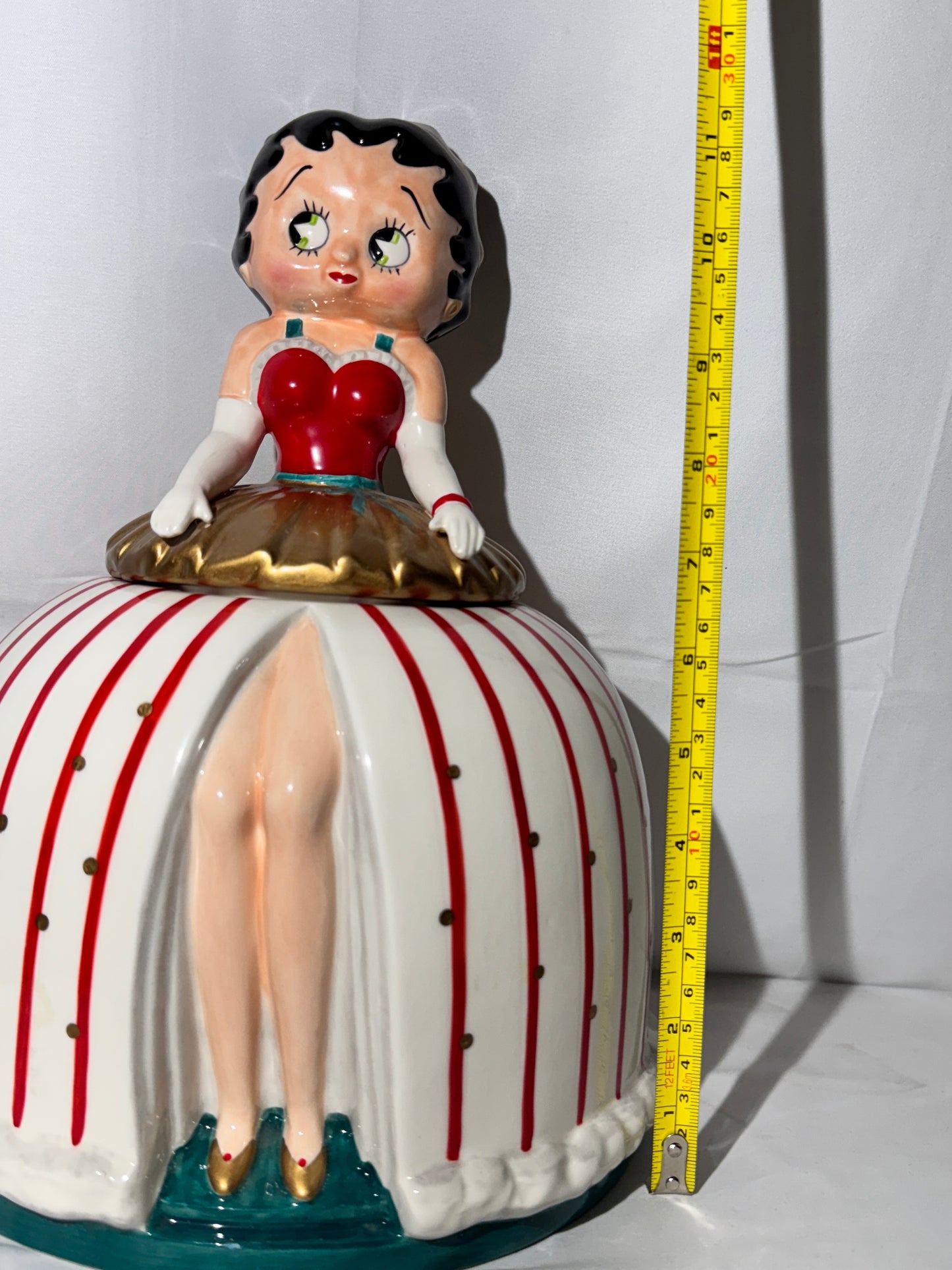 Betty Boop Cookie Jar by Vandor 1999 – Princess Dress Red Stripes Gold Polka Dots – 12” Tall
