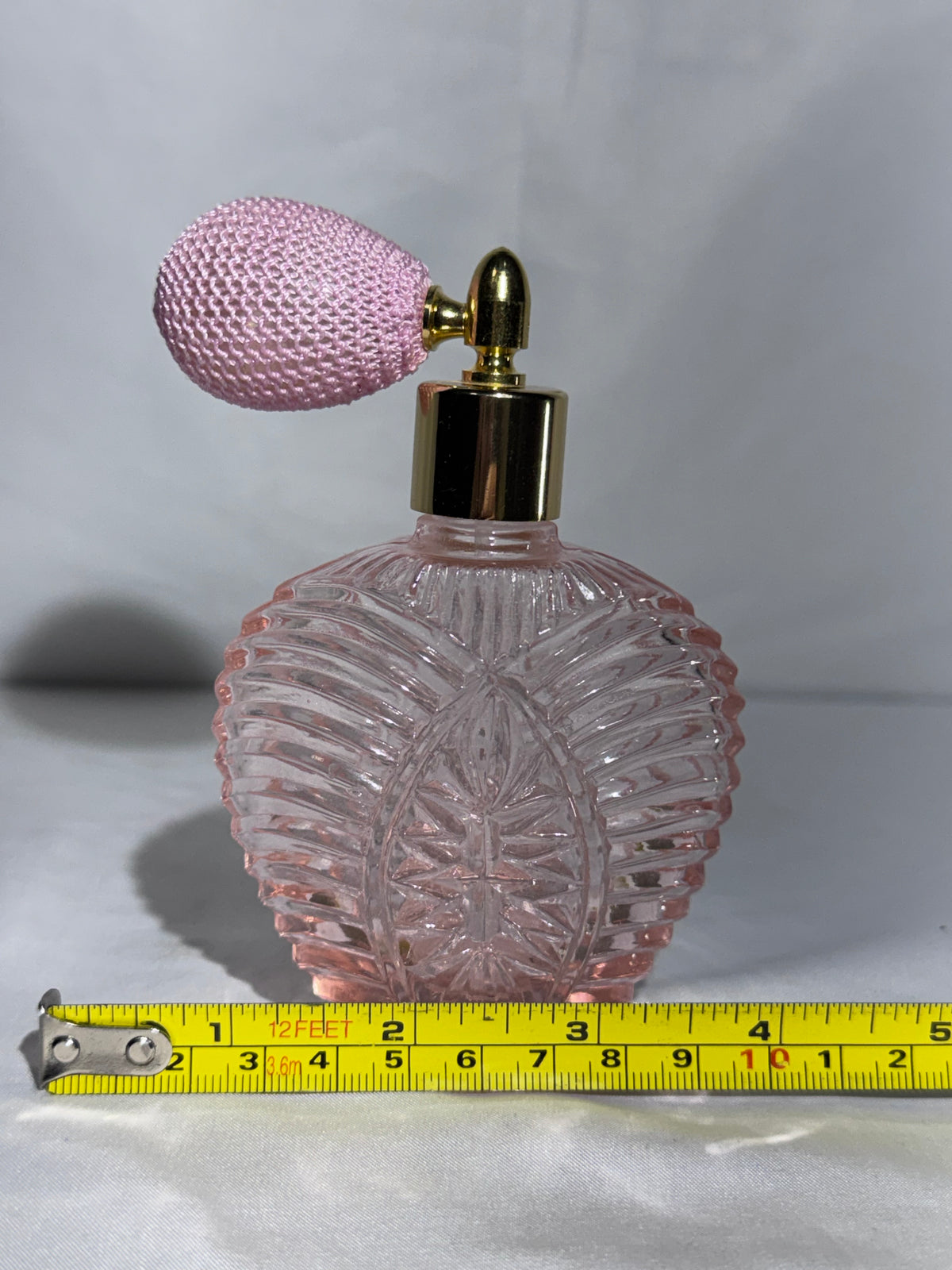 Vintage Pink Glass Perfume Atomizer Bottle Ribbed Faceted Design Gold Tone Sprayer